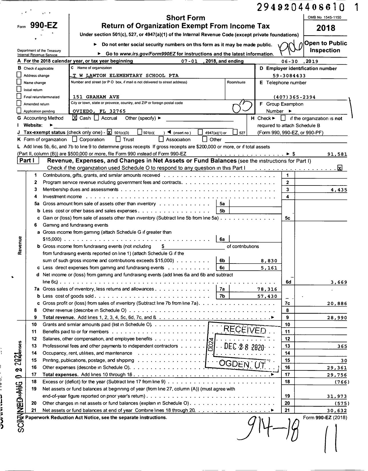 Image of first page of 2018 Form 990EZ for PTA Florida Congress - T W Lawton Elementary School PTA