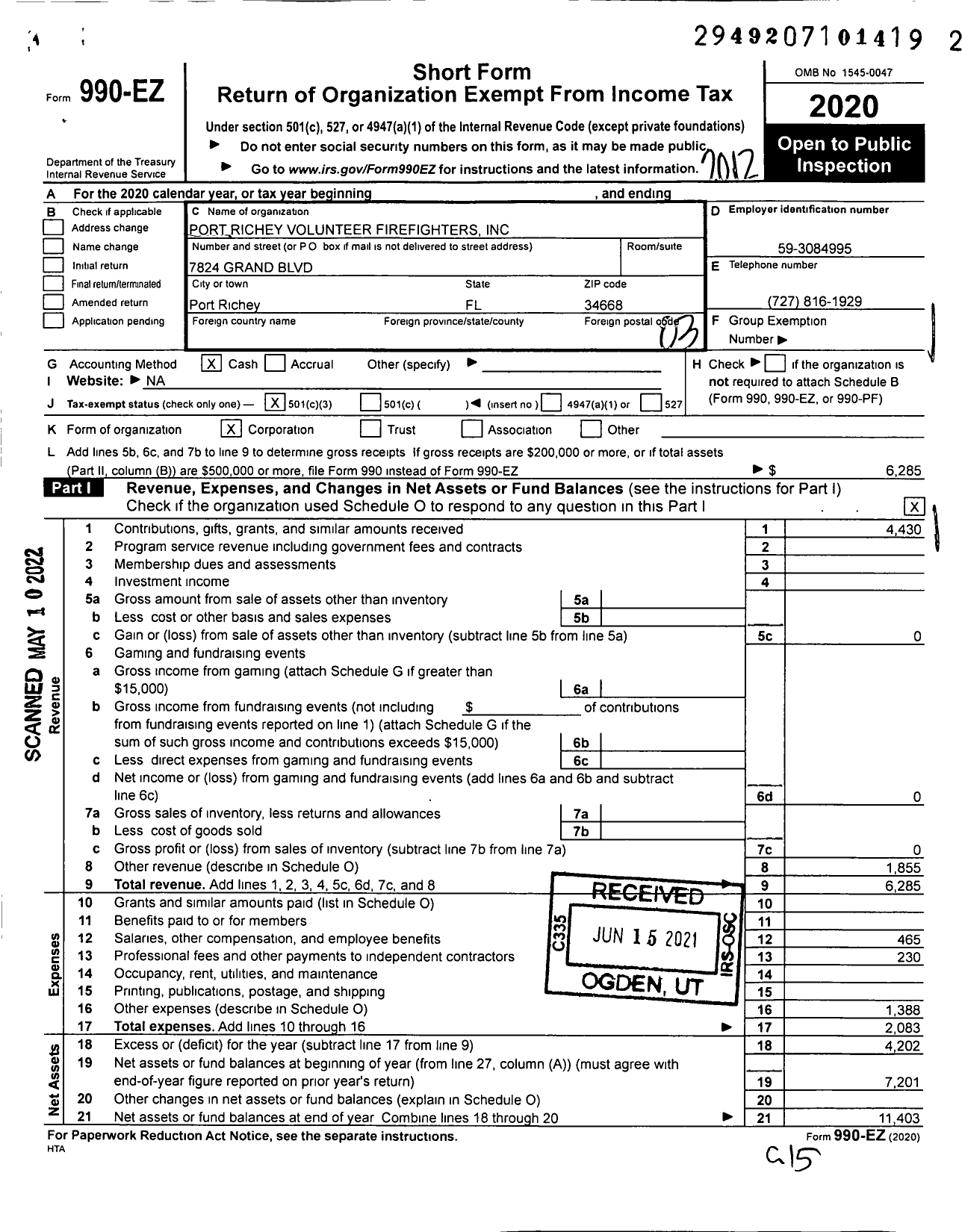 Image of first page of 2020 Form 990EZ for Port Richey Volunteer Firefighters