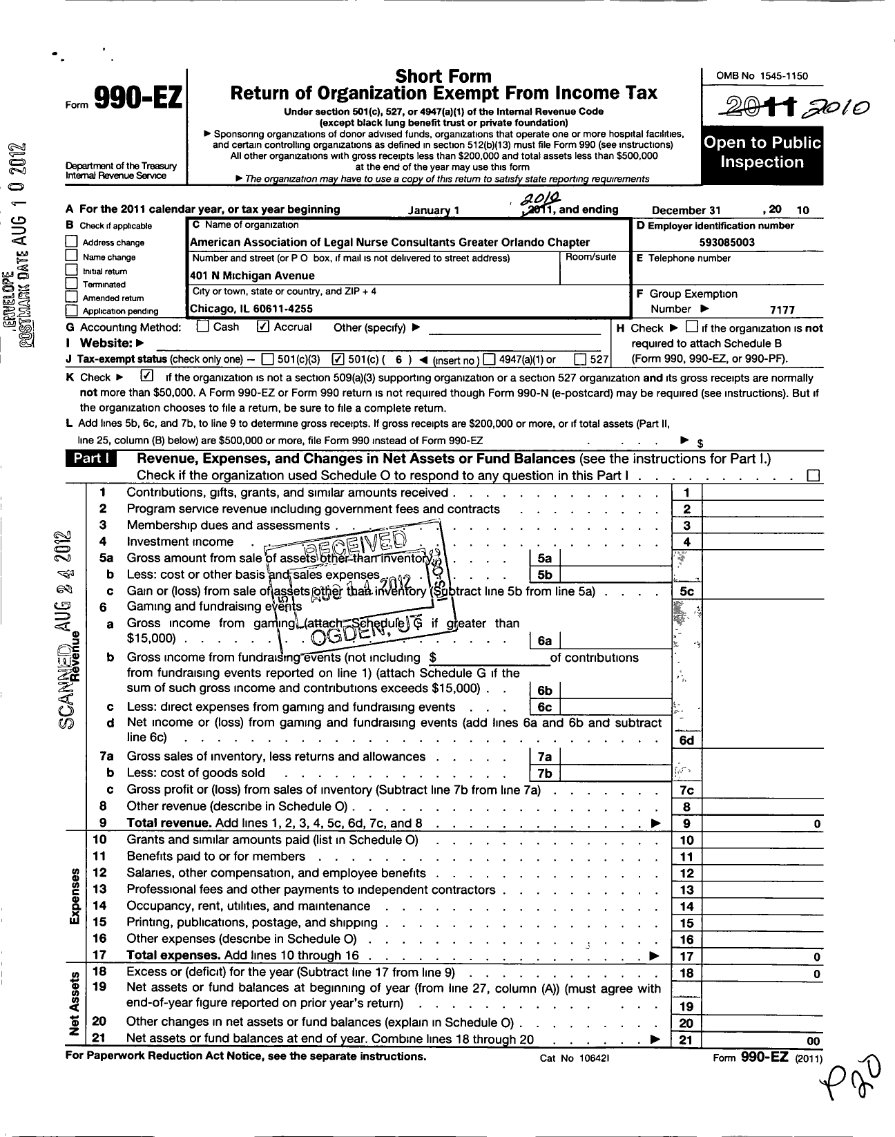 Image of first page of 2010 Form 990EO for American Association of Legal Nurse Consultants / Greater Orlando Chapter