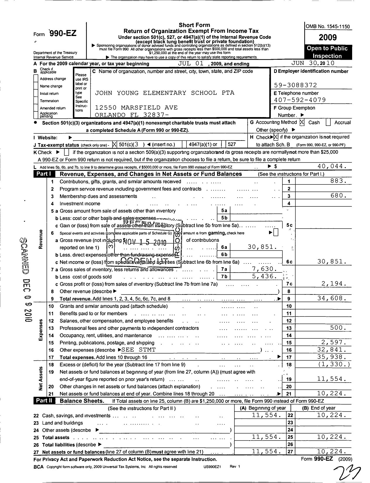 Image of first page of 2009 Form 990EZ for PTA Florida Congress - John Young Elementary PTA