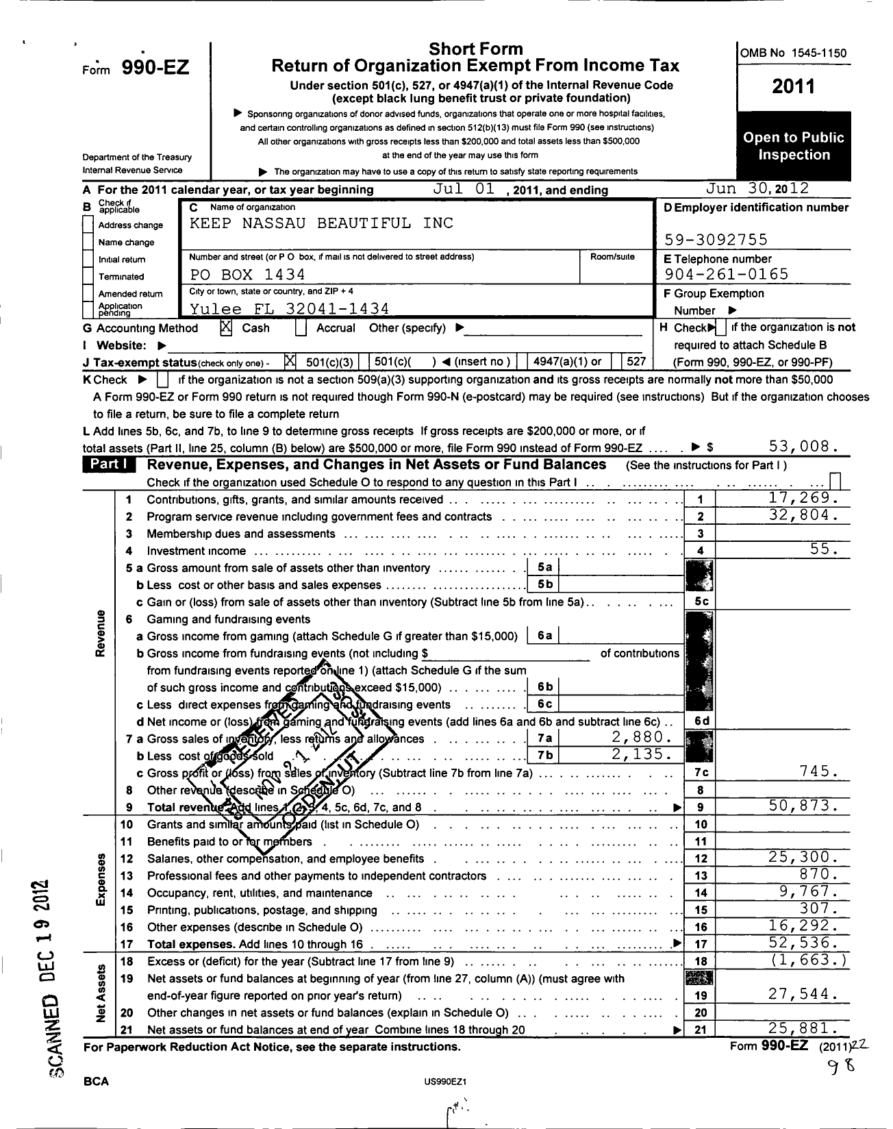 Image of first page of 2011 Form 990EZ for Keep Nassau Beautiful