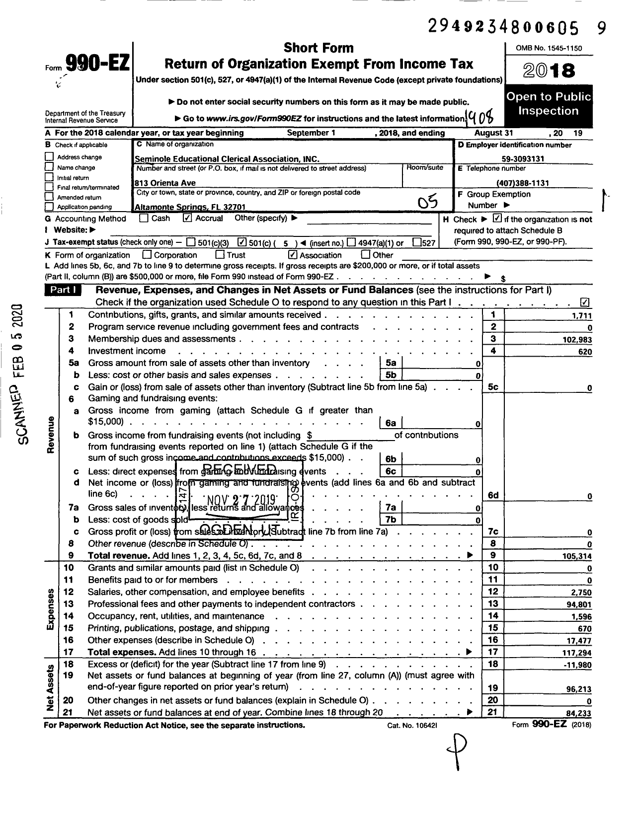 Image of first page of 2018 Form 990EO for Seminole Educational Clerical Assoc