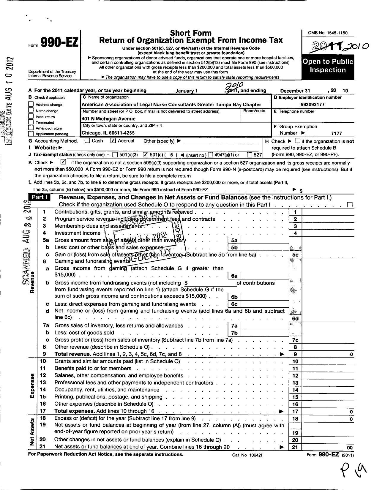 Image of first page of 2010 Form 990EO for American Association of Legal Nurse Consultants / Greater Tampa Bay Chapter