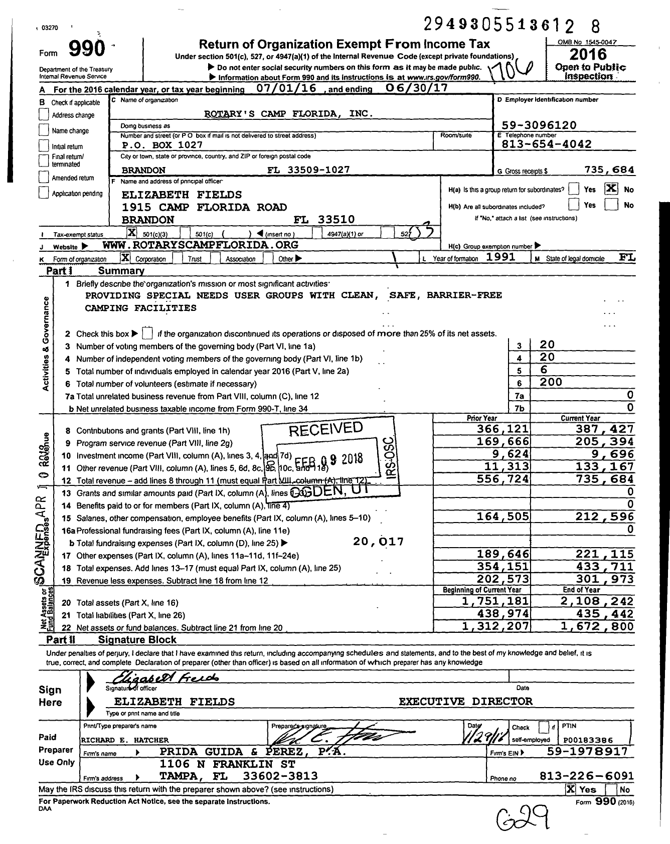 Image of first page of 2016 Form 990 for Rotarys Camp Florida