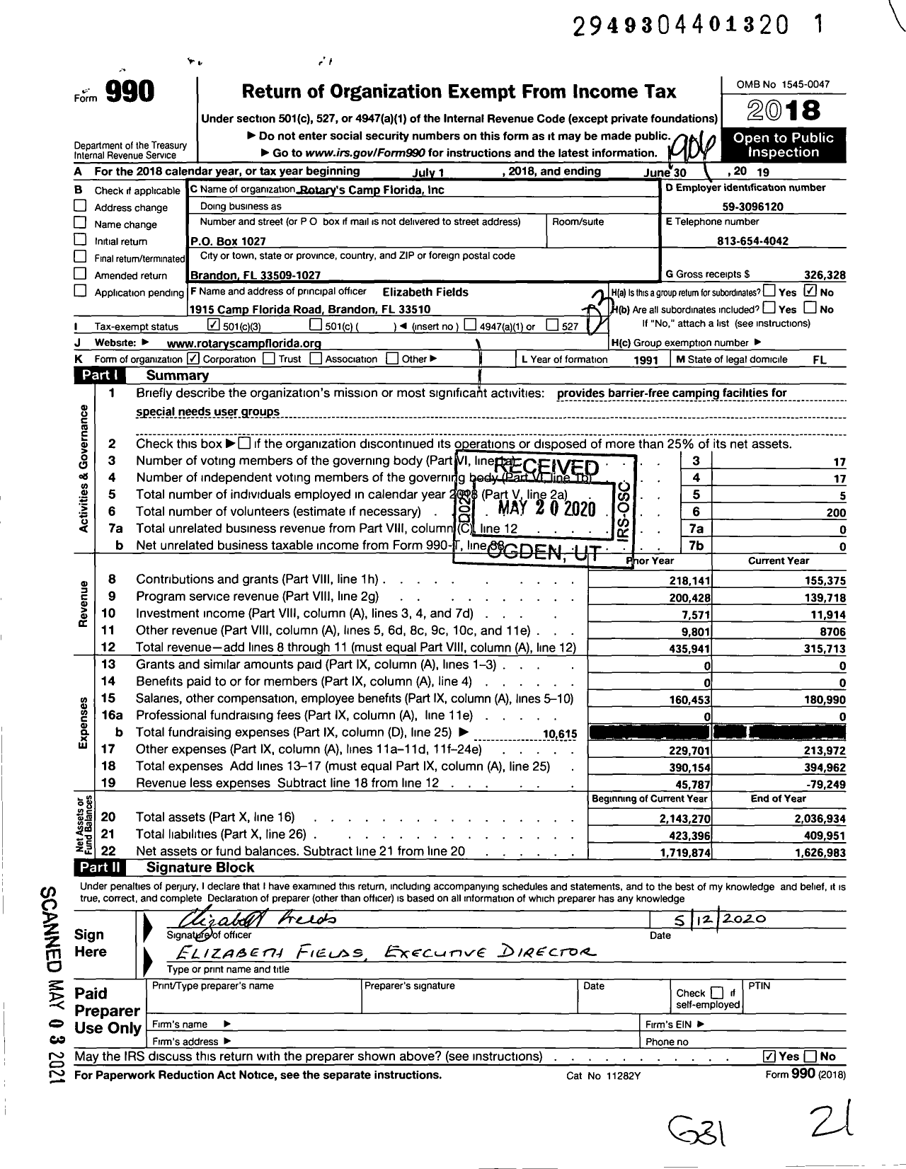 Image of first page of 2018 Form 990 for Rotarys Camp Florida