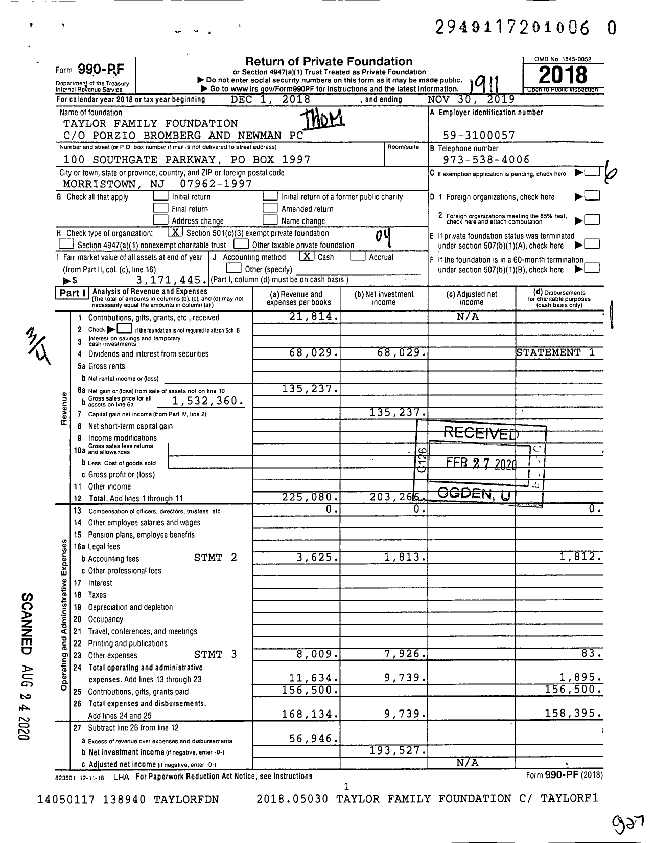 Image of first page of 2018 Form 990PR for Taylor Family Foundation / Taylor Thomas E Ttee