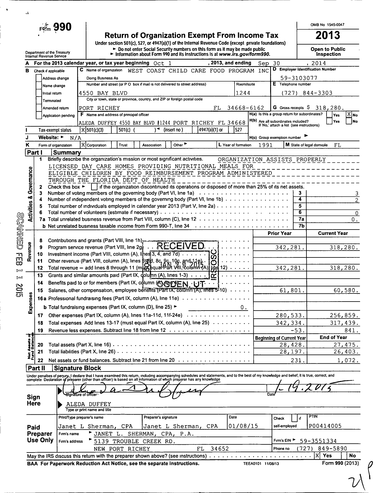 Image of first page of 2013 Form 990 for West Coast Child Care Food Program