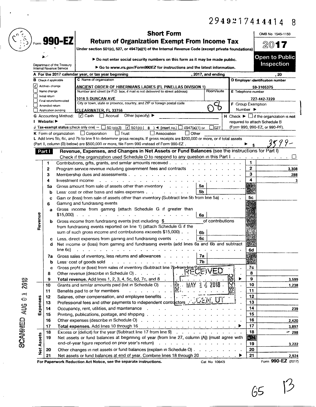 Image of first page of 2017 Form 990EO for Ancient Order of Hibernians Ladies / 1 Div Pinellas