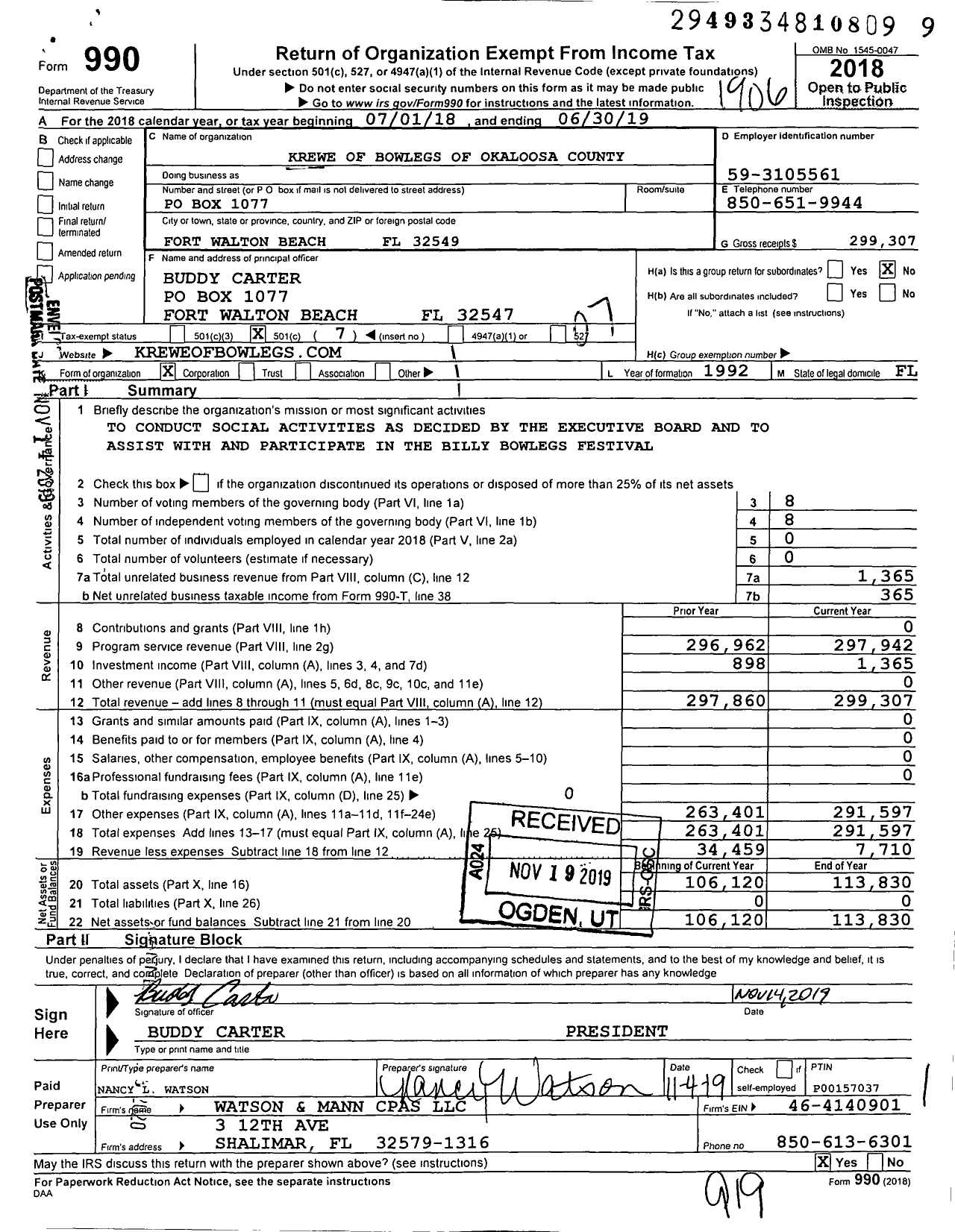 Image of first page of 2018 Form 990O for Krewe of Bowlegs of Okaloosa County