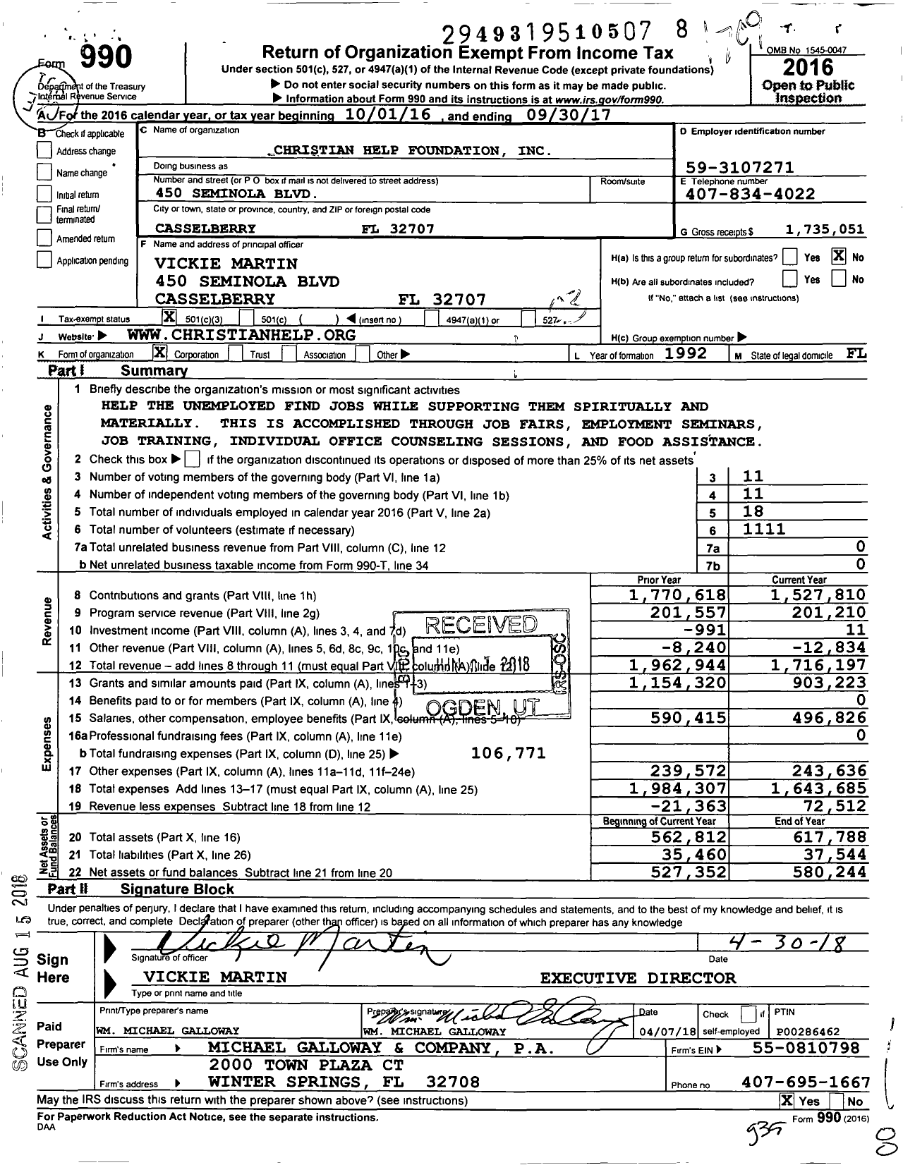 Image of first page of 2016 Form 990 for Christian Help Foundation