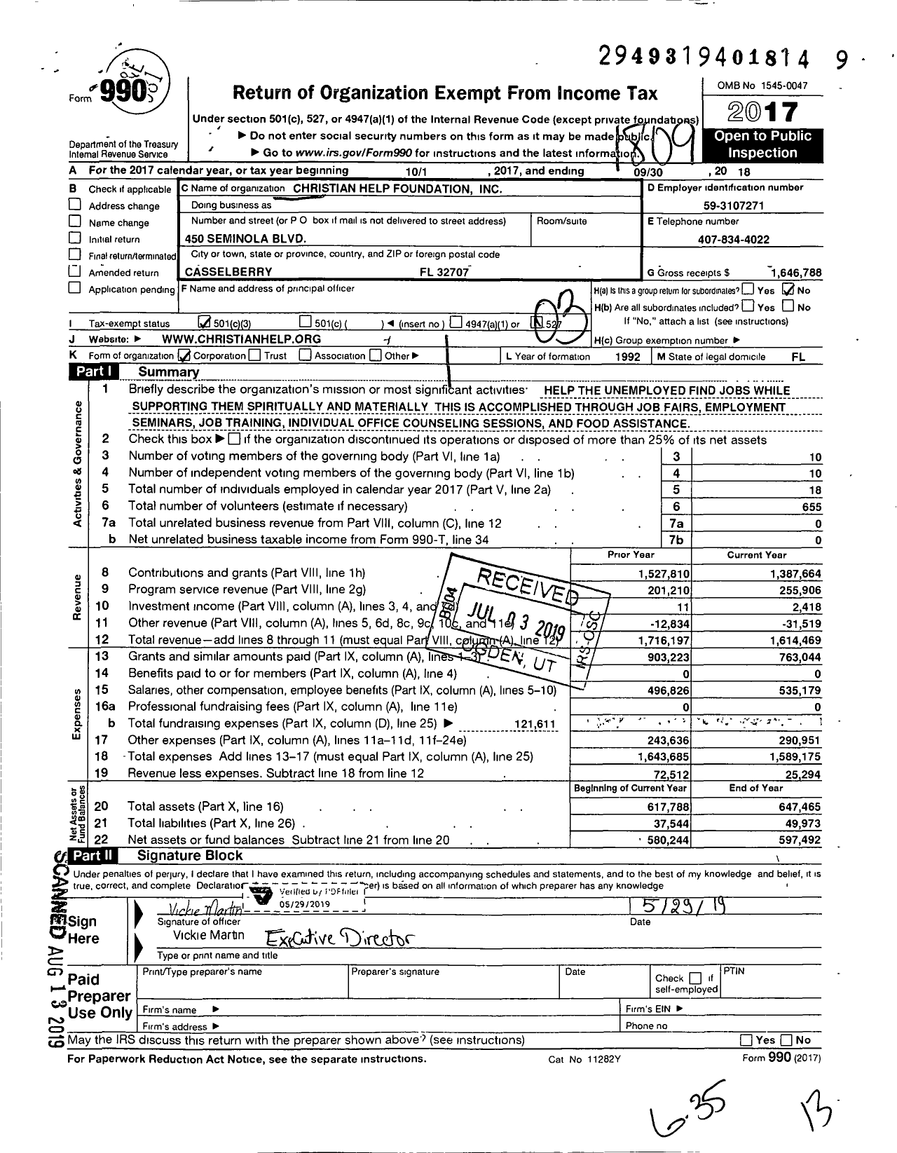 Image of first page of 2017 Form 990 for Christian Help Foundation