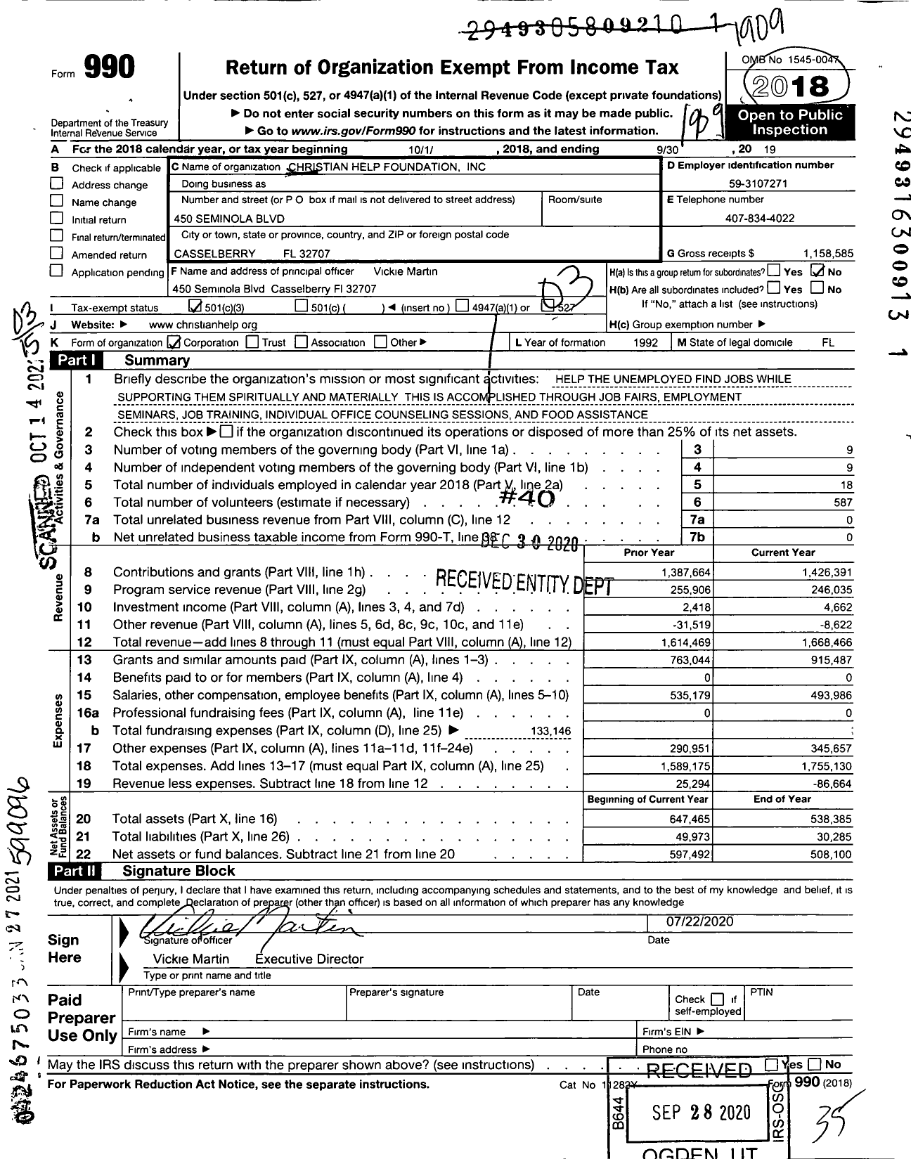 Image of first page of 2018 Form 990 for Christian Help Foundation
