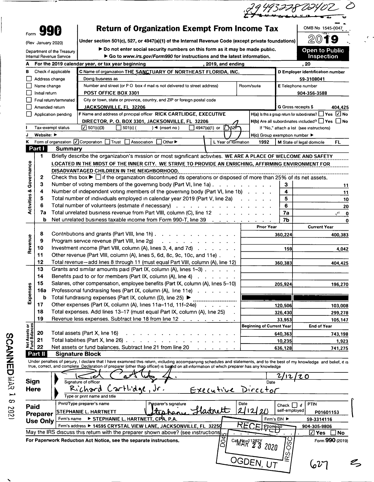 Image of first page of 2019 Form 990 for The Sanctuary of the Northeast Florida
