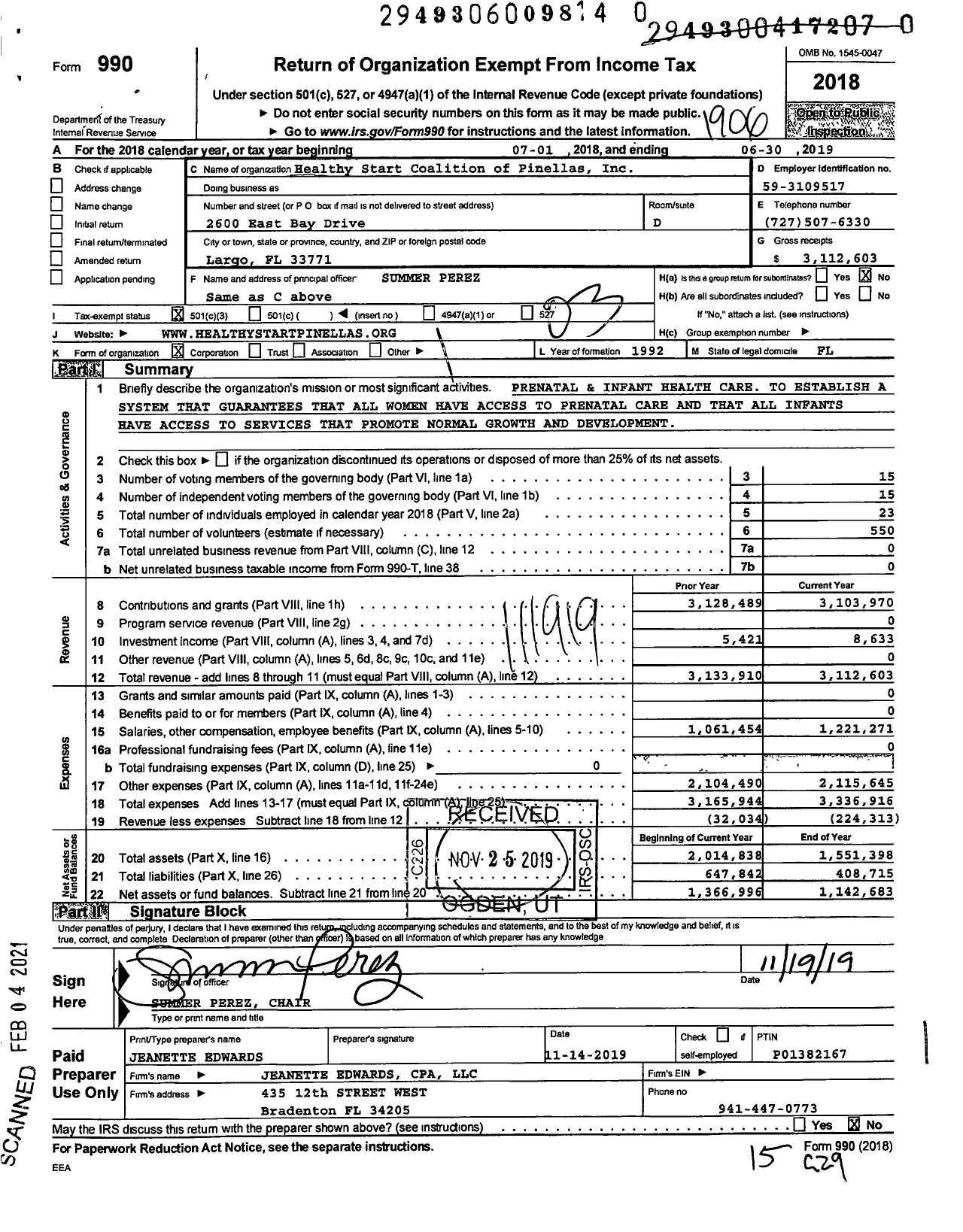 Image of first page of 2018 Form 990 for Healthy Start Coalition of Pinellas