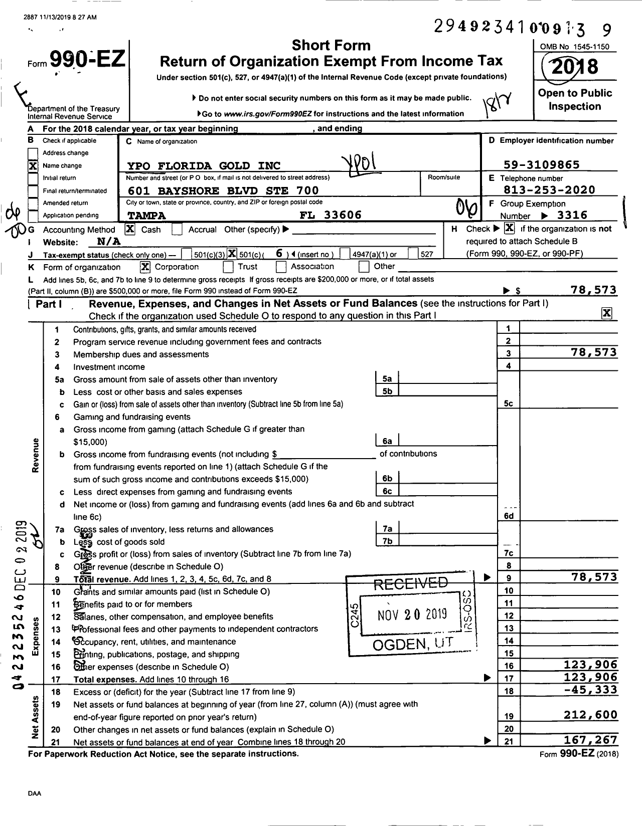 Image of first page of 2018 Form 990EO for Young Presidents' Organization - YPO Forty Niners of Florida