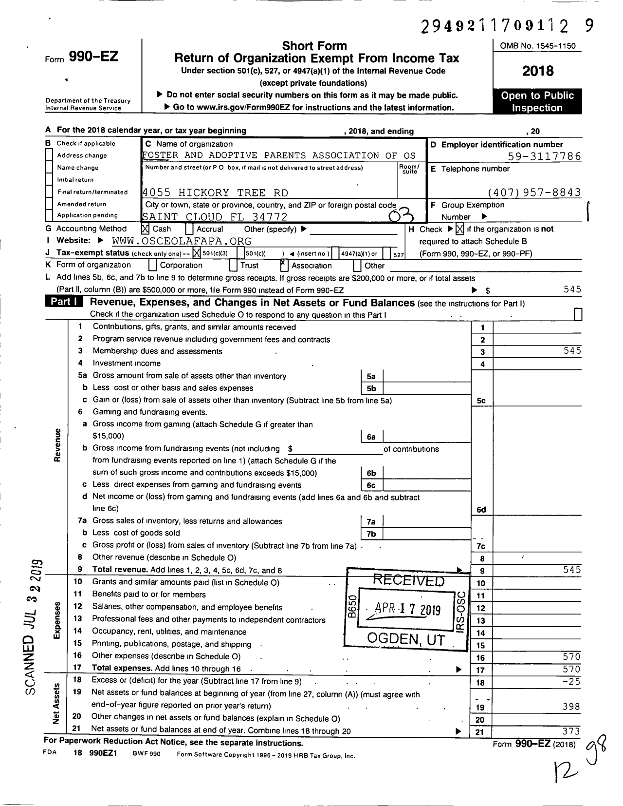 Image of first page of 2018 Form 990EZ for Foster and Adoptive Parents Association of Osceola County