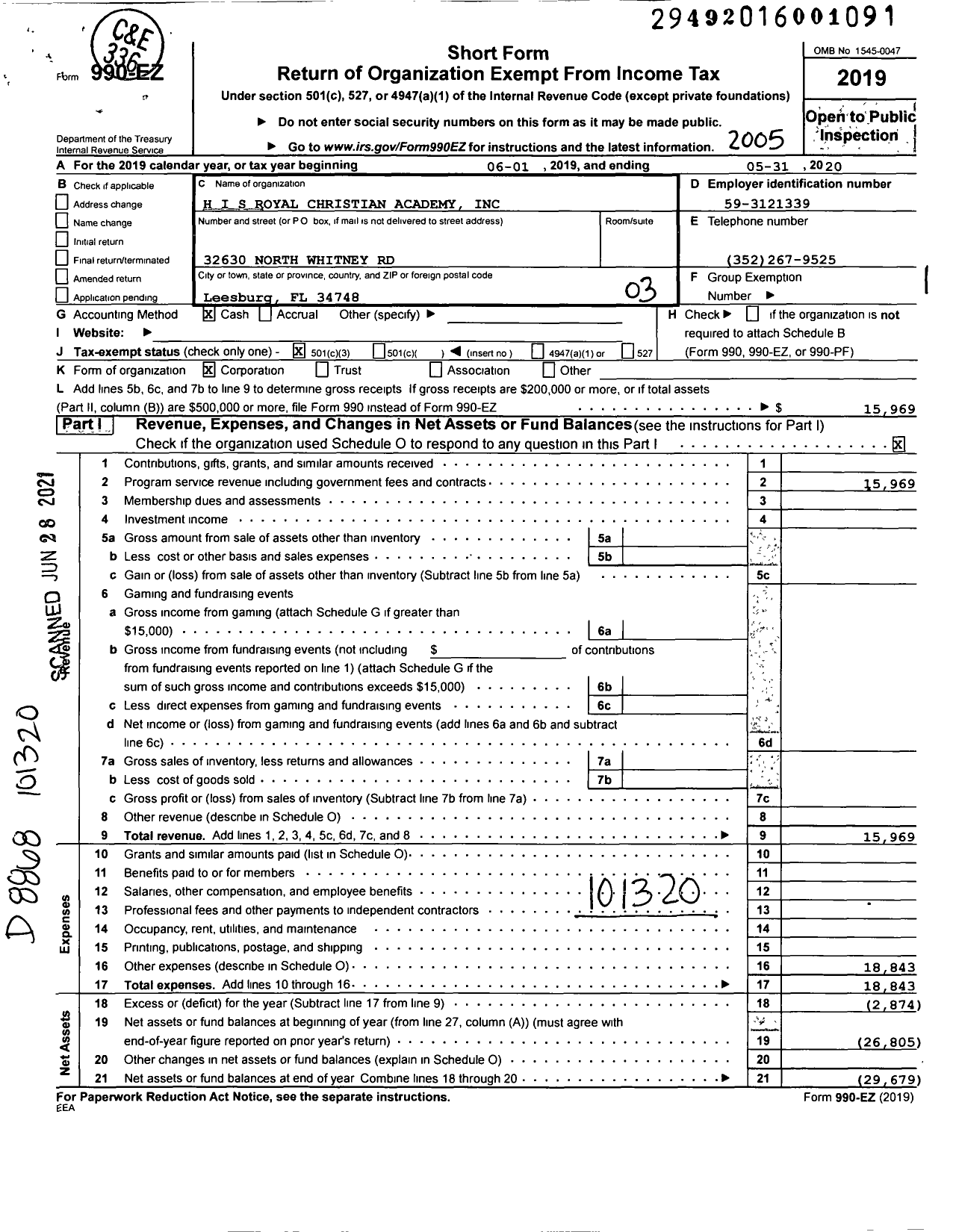 Image of first page of 2019 Form 990EZ for H I S Royal Christian Academy