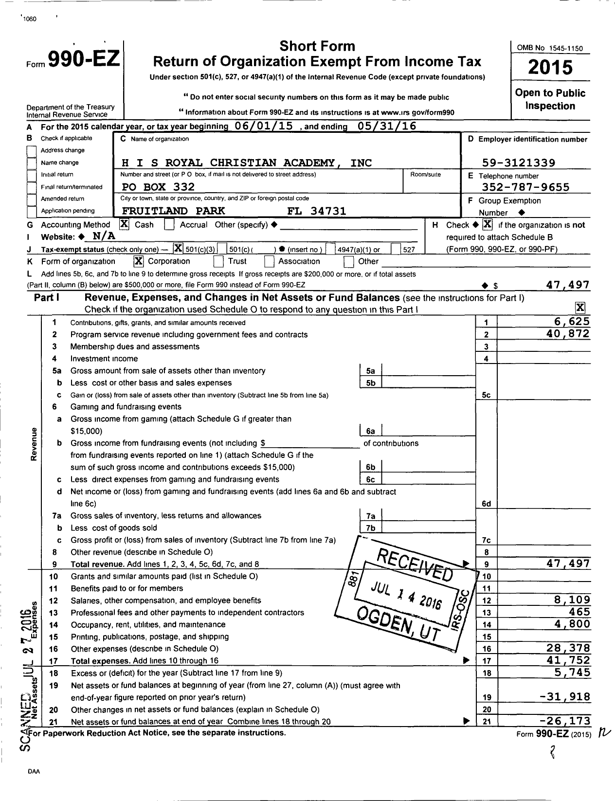 Image of first page of 2015 Form 990EZ for H I S Royal Christian Academy