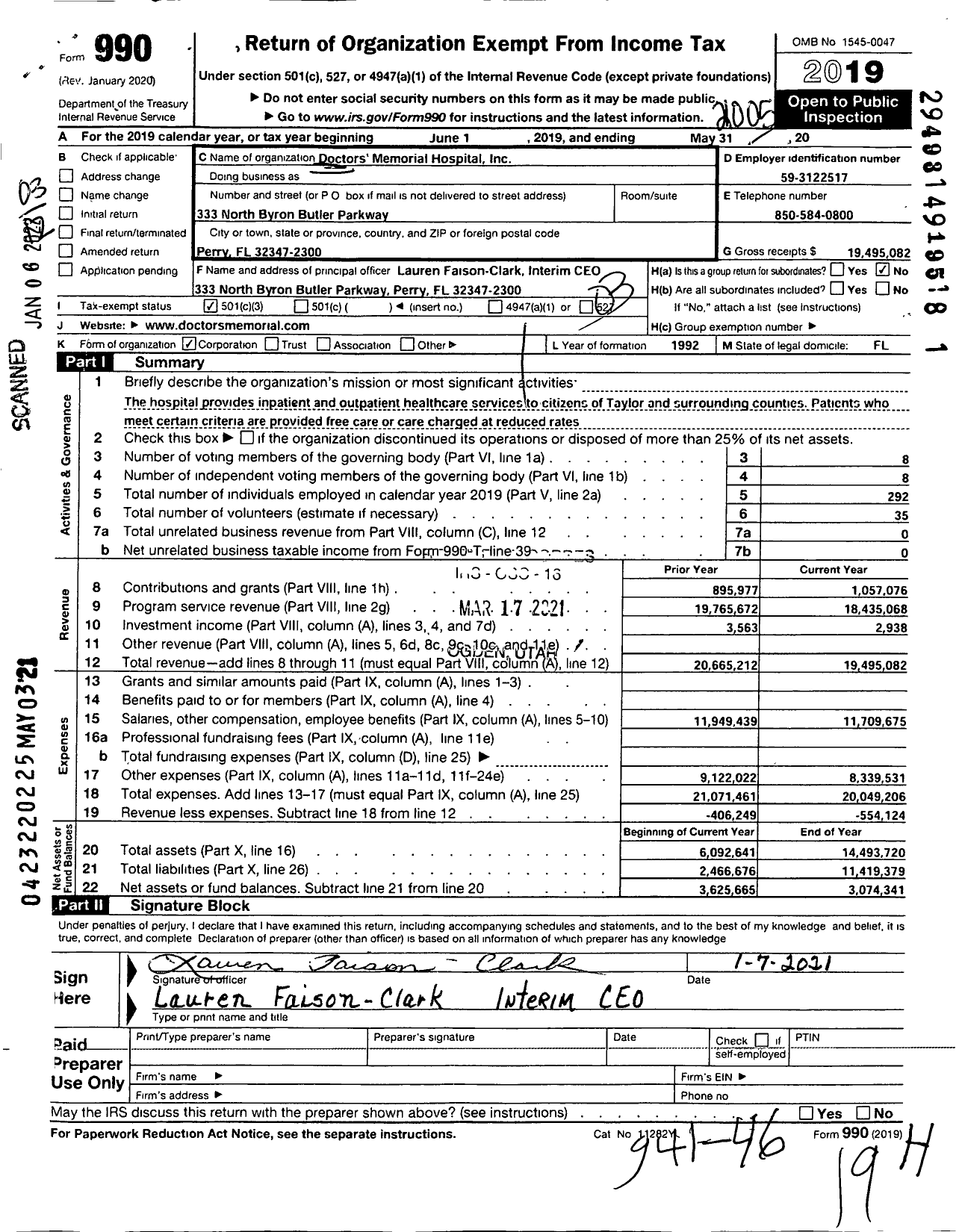 Image of first page of 2019 Form 990 for Doctors' Memorial Hospital