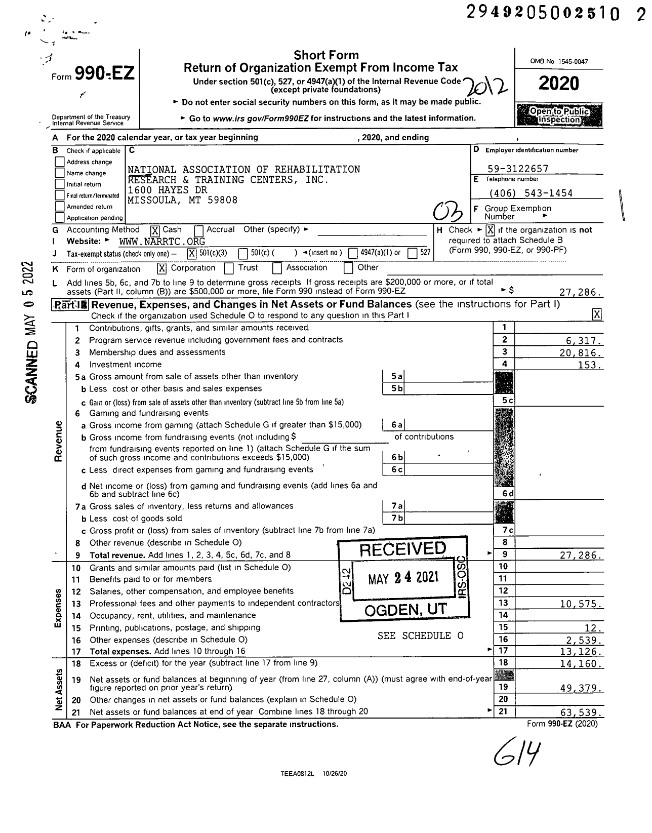 Image of first page of 2020 Form 990EZ for National Association of Rehabilitation Research and Training Centers