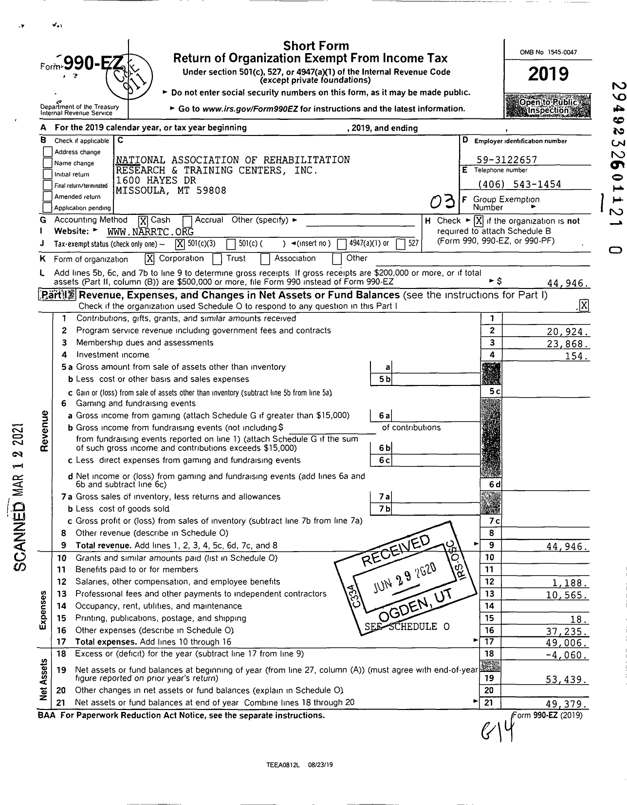 Image of first page of 2019 Form 990EZ for National Association of Rehabilitation Research and Training Centers