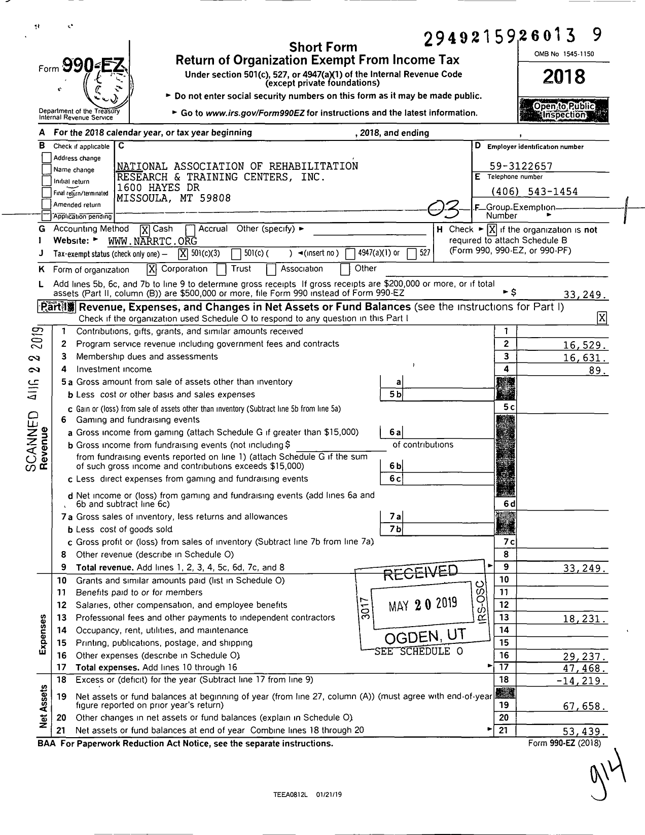 Image of first page of 2018 Form 990EZ for National Association of Rehabilitation Research and Training Centers