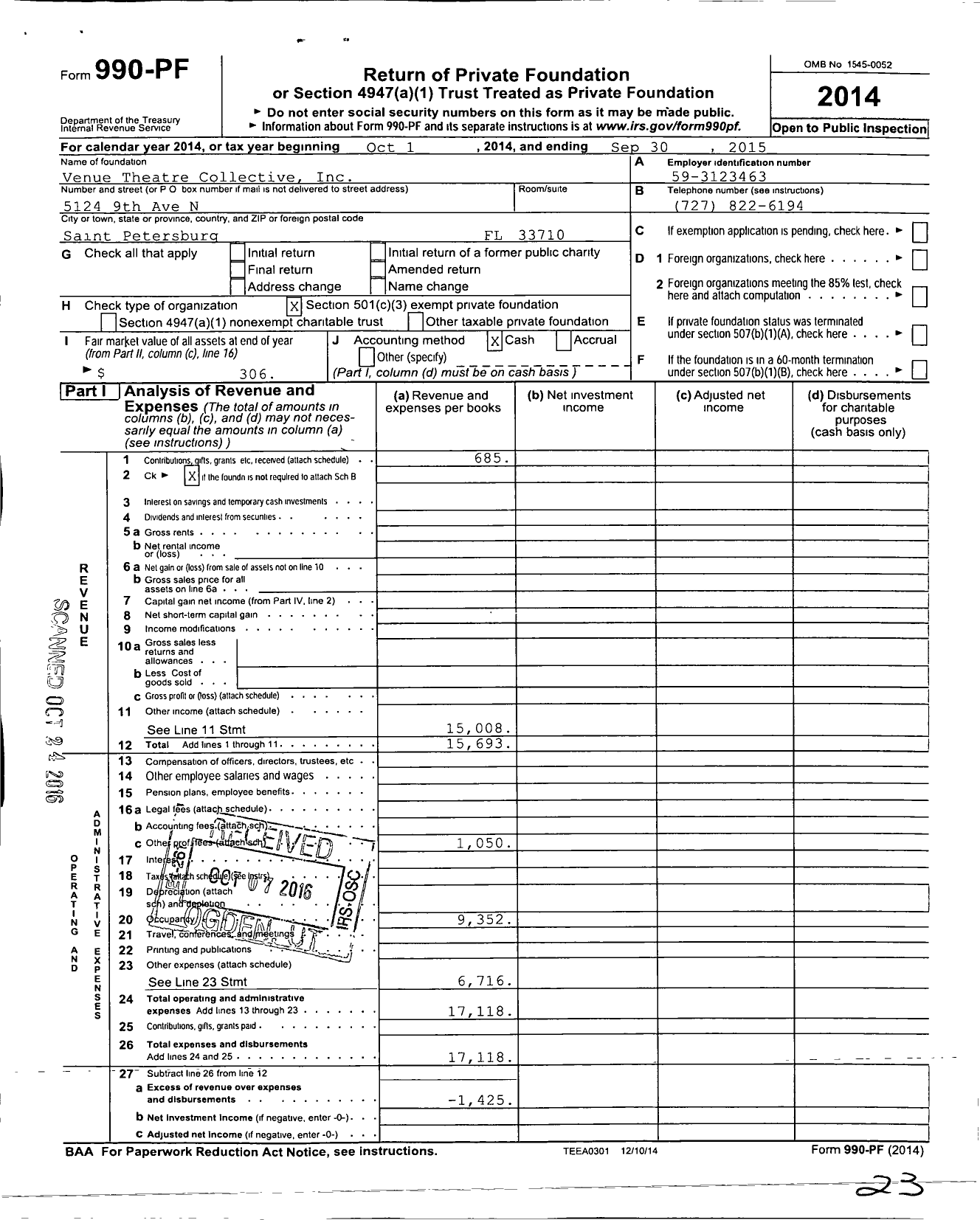 Image of first page of 2014 Form 990PF for Venue Theatre Collective