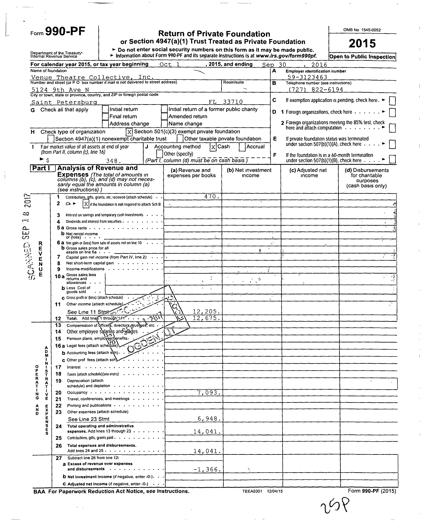 Image of first page of 2015 Form 990PF for Venue Theatre Collective