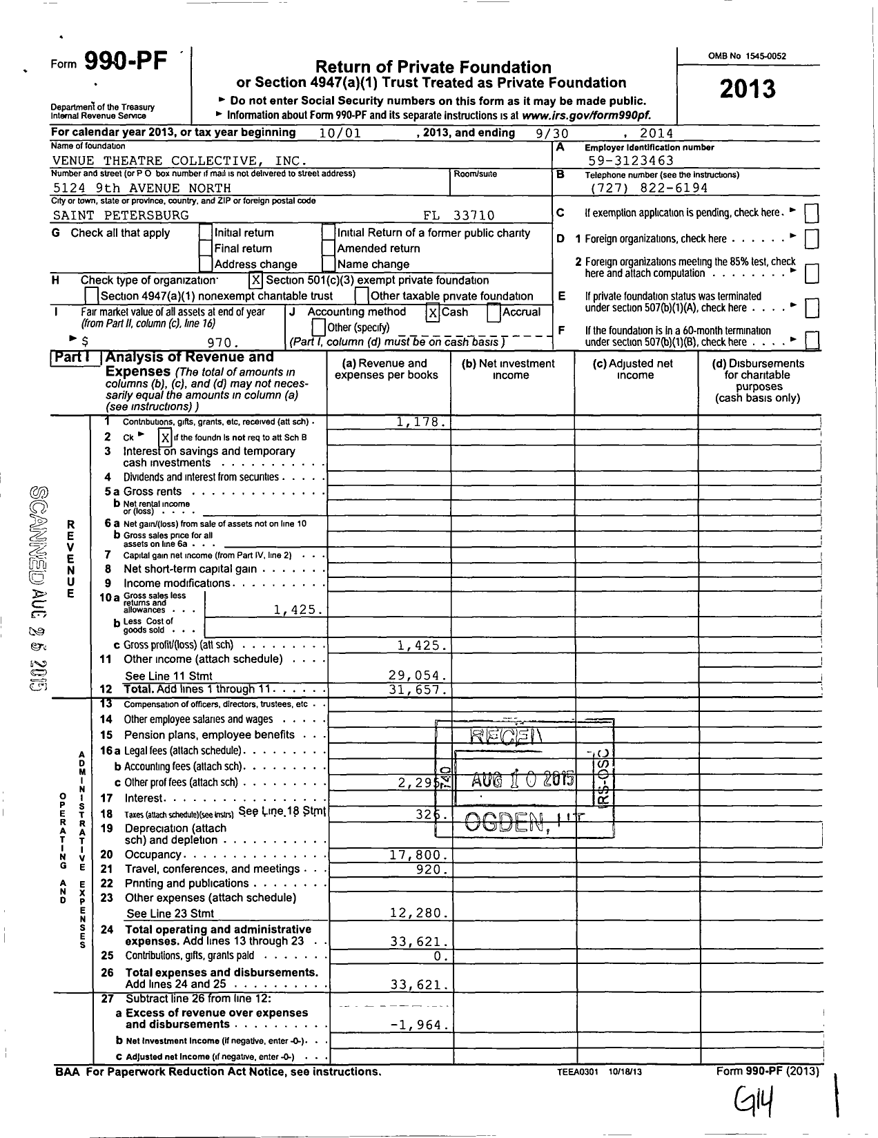 Image of first page of 2013 Form 990PF for Venue Theatre Collective