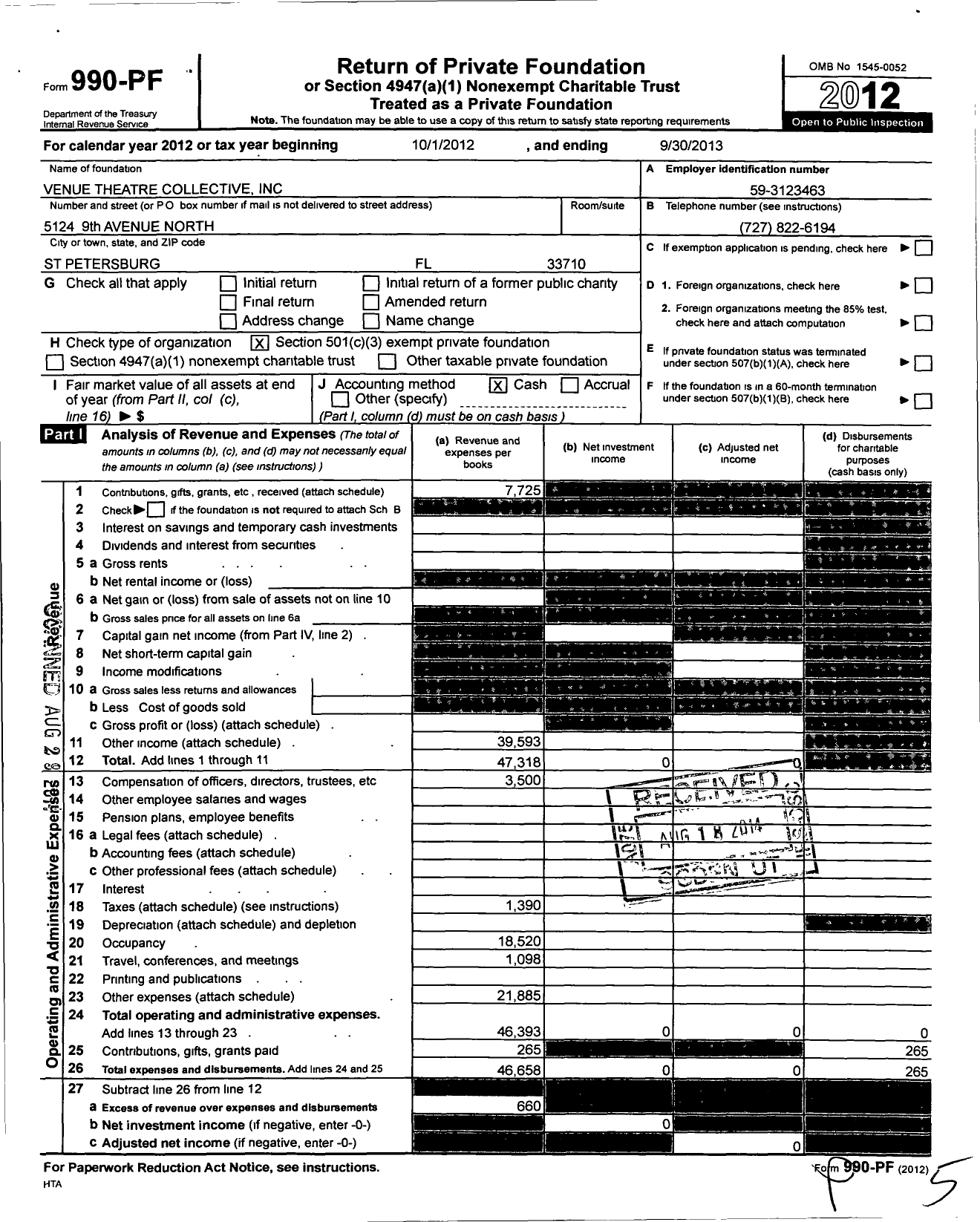 Image of first page of 2012 Form 990PF for Venue Theatre Collective