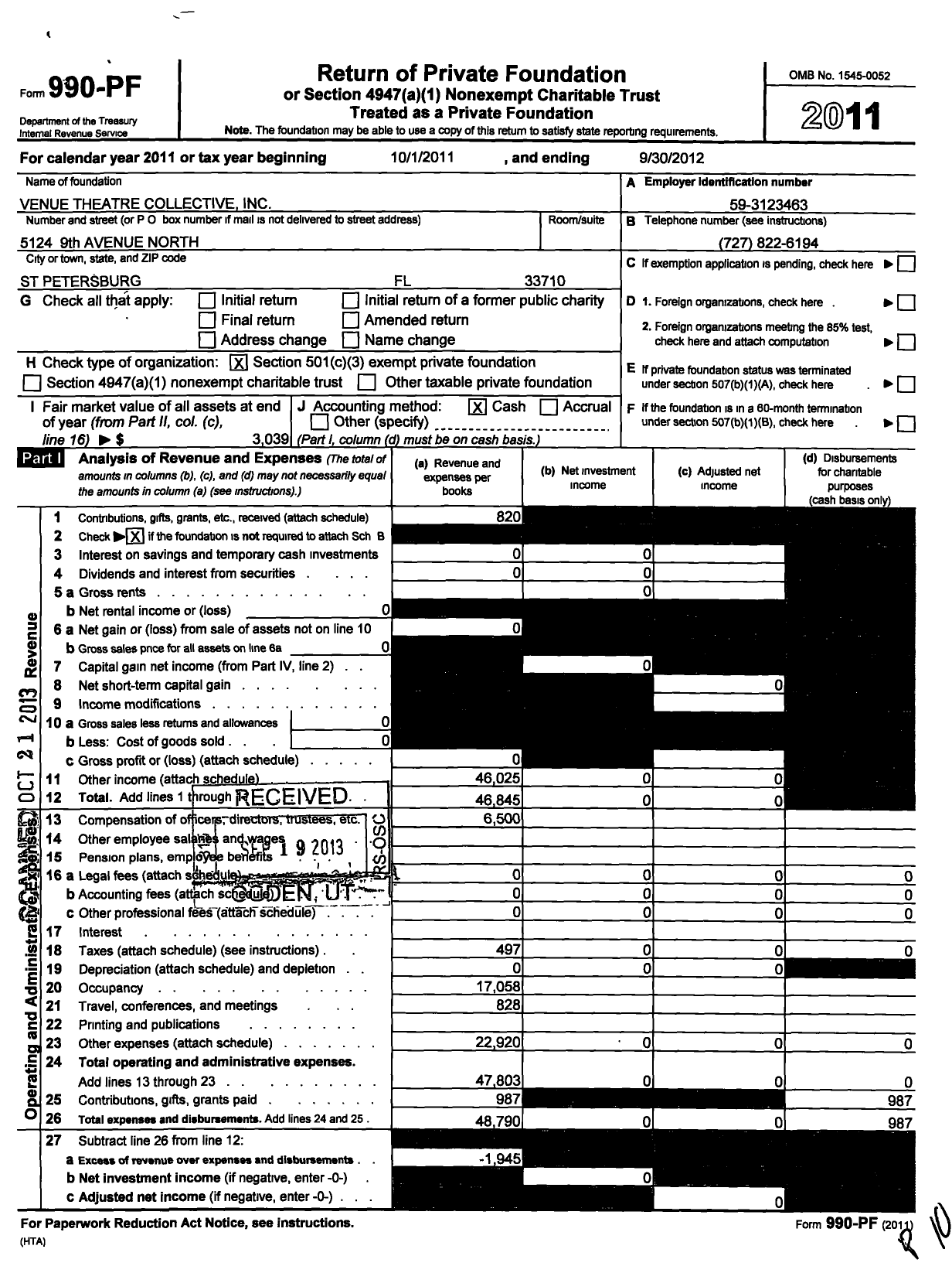 Image of first page of 2011 Form 990PF for Venue Theatre Collective