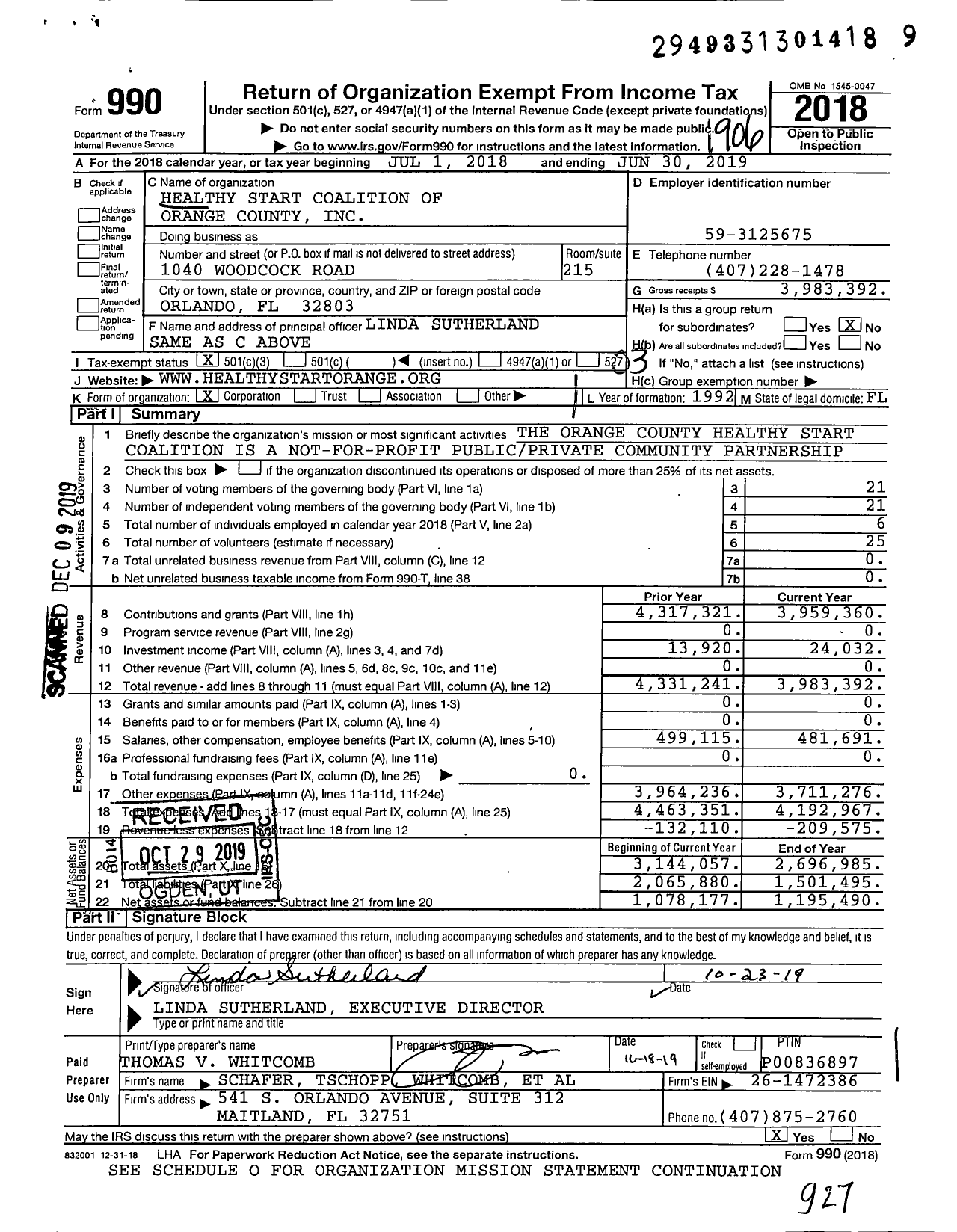 Image of first page of 2018 Form 990 for Healthy Start Coalition of Orange County (HSCOC)