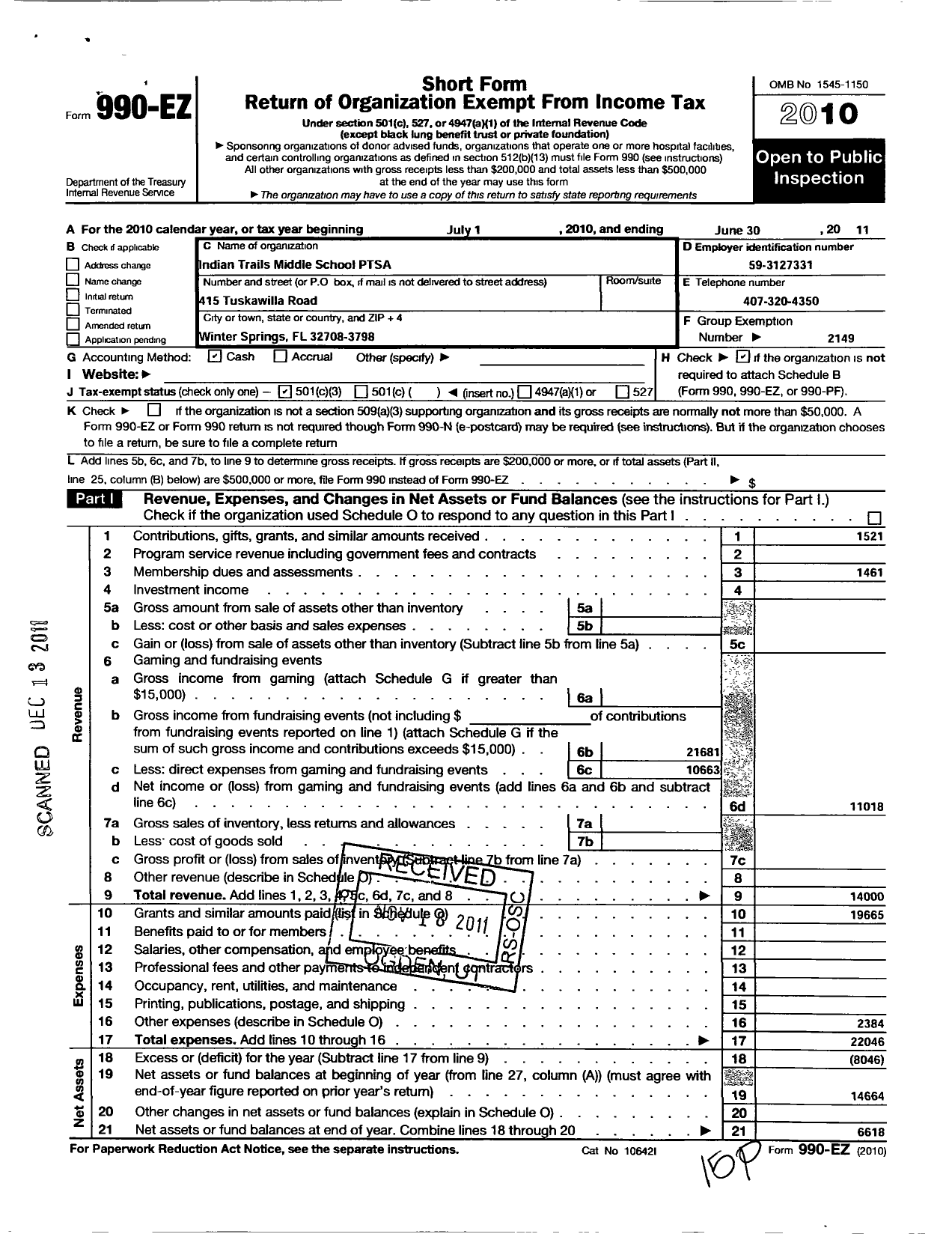 Image of first page of 2010 Form 990EZ for PTA Florida Congress - Indian Trails Middle School PTA