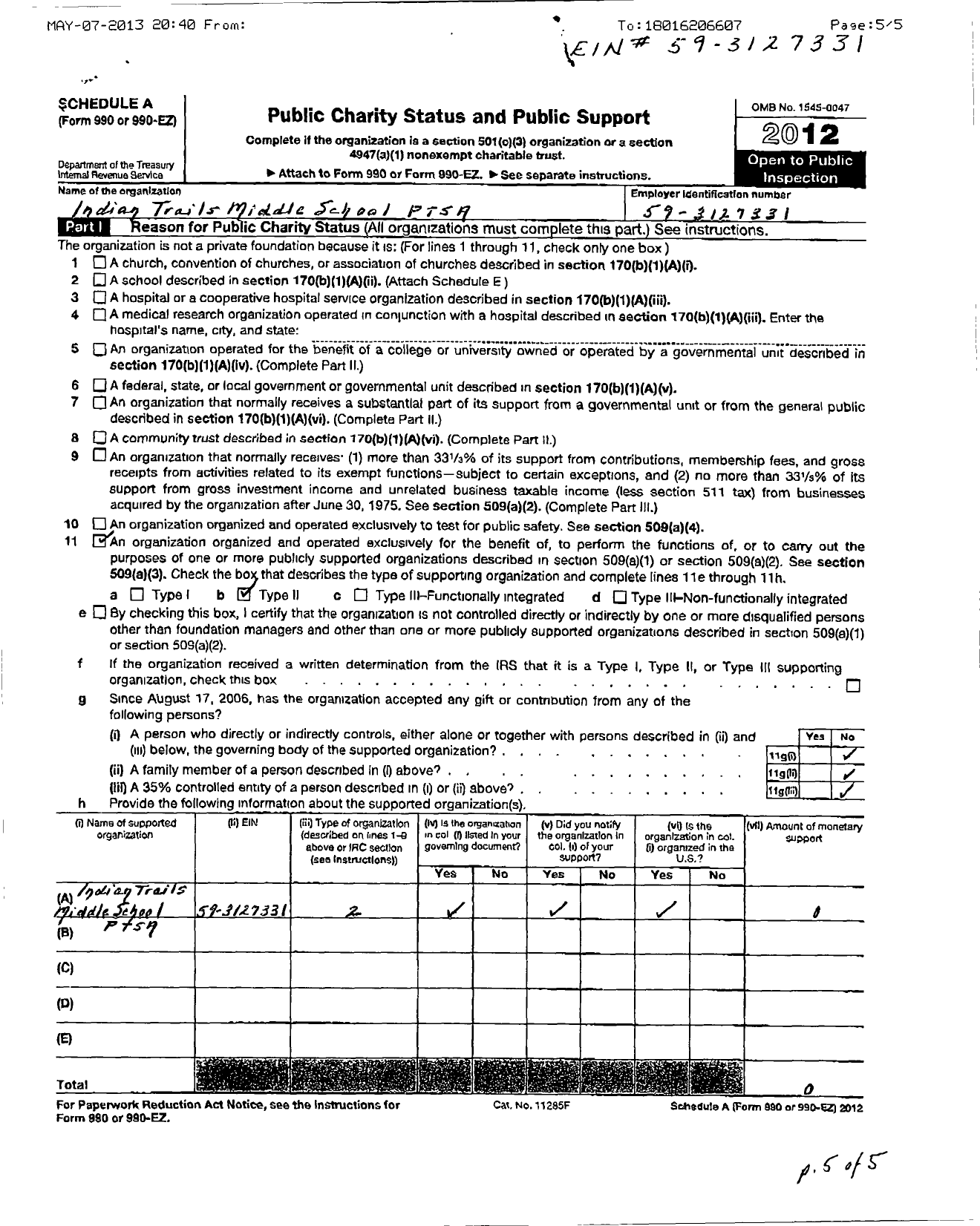 Image of first page of 2011 Form 990ER for PTA Florida Congress - Indian Trails Middle School PTA