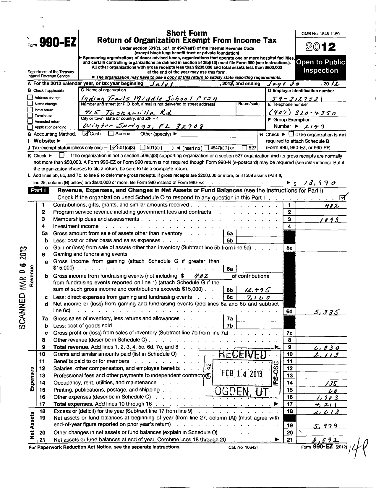 Image of first page of 2011 Form 990EZ for PTA Florida Congress - Indian Trails Middle School PTA