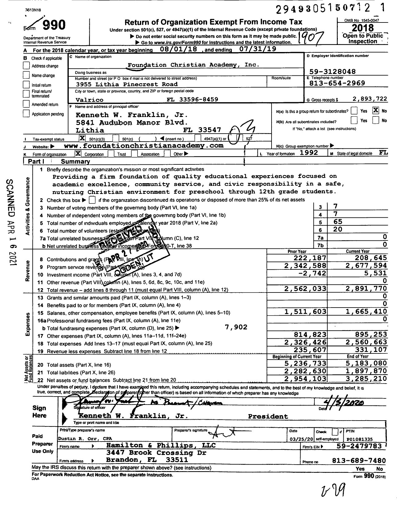 Image of first page of 2018 Form 990 for Foundation Christian Academy