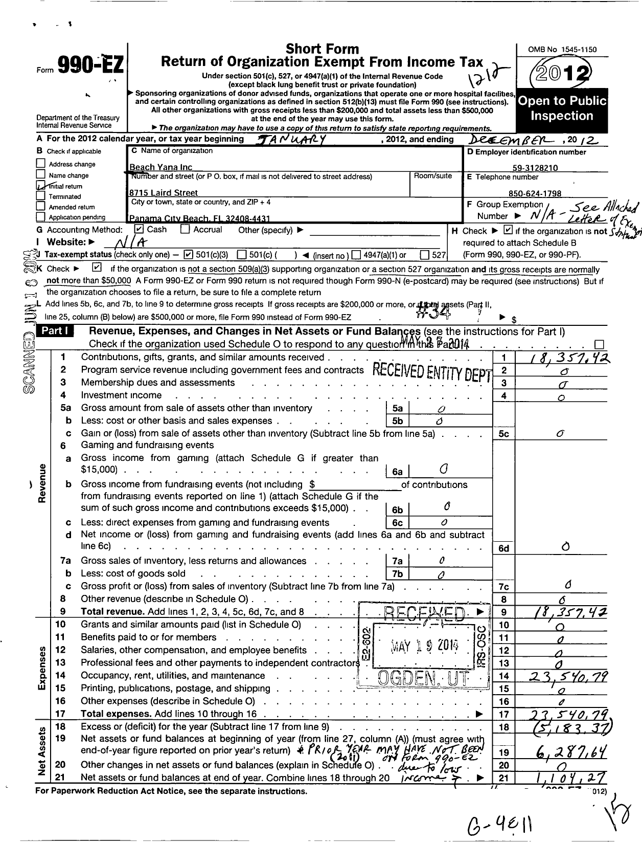 Image of first page of 2012 Form 990EZ for Beach Yana