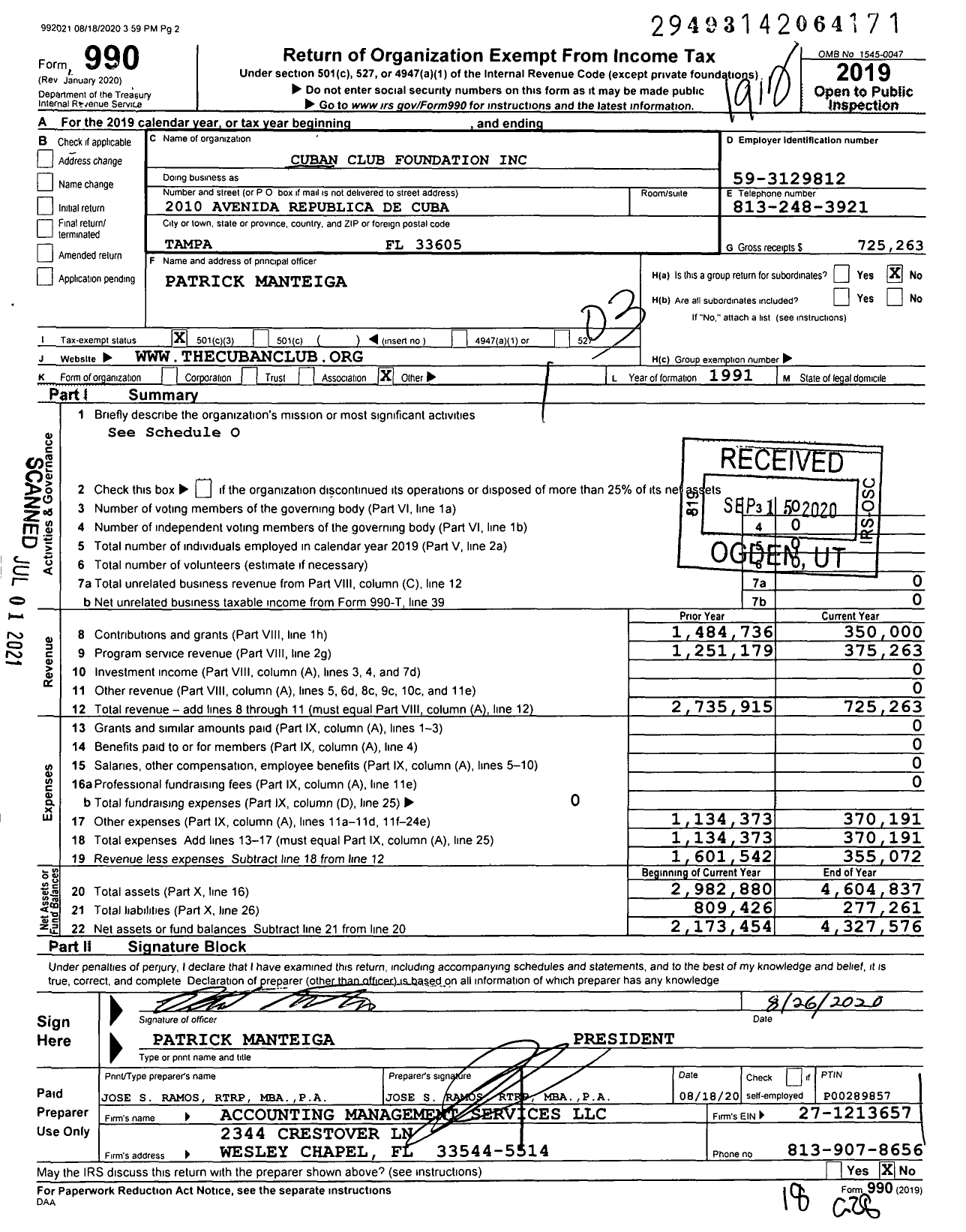 Image of first page of 2019 Form 990 for Cuban Club Foundation