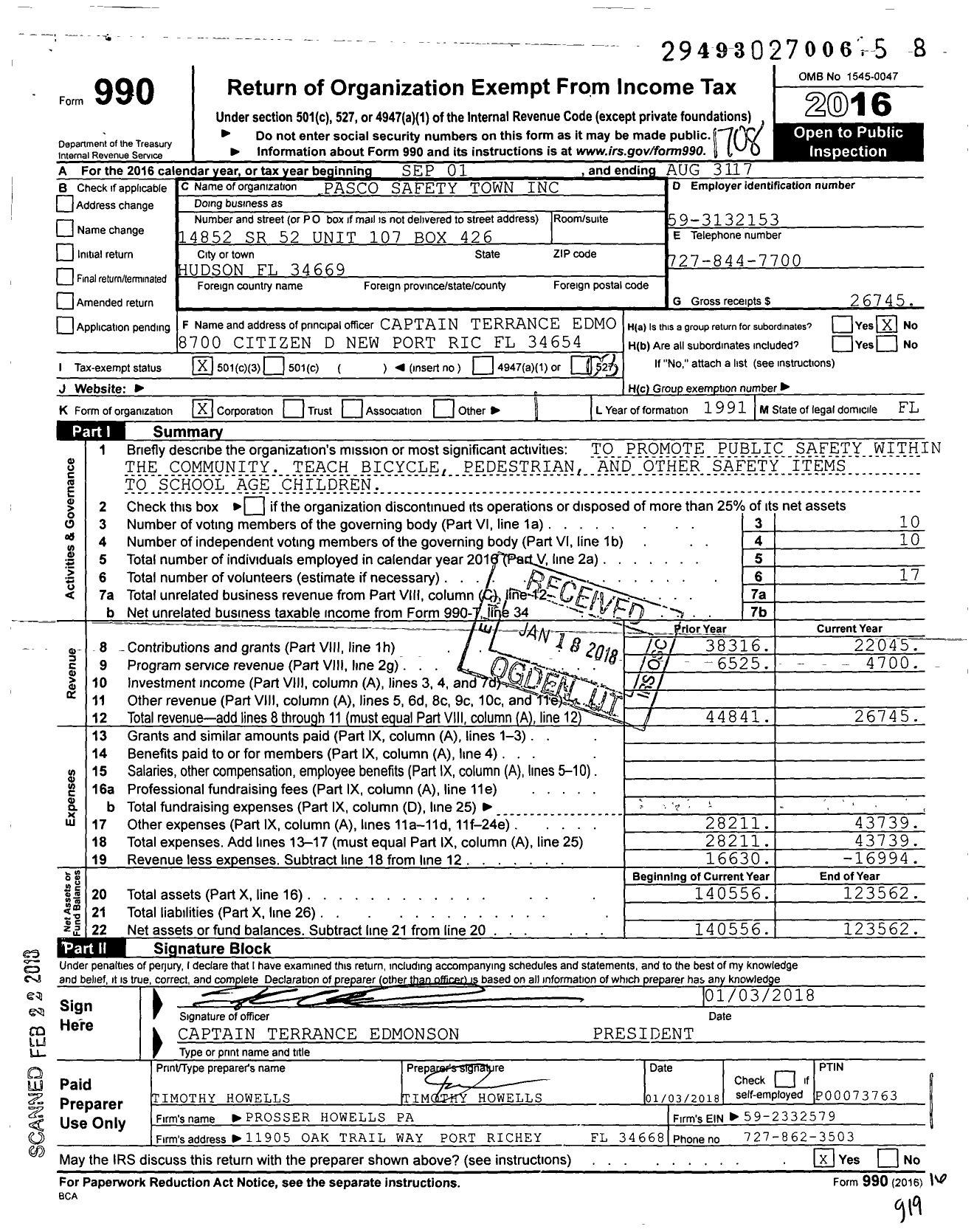 Image of first page of 2016 Form 990 for Pasco Safety Town