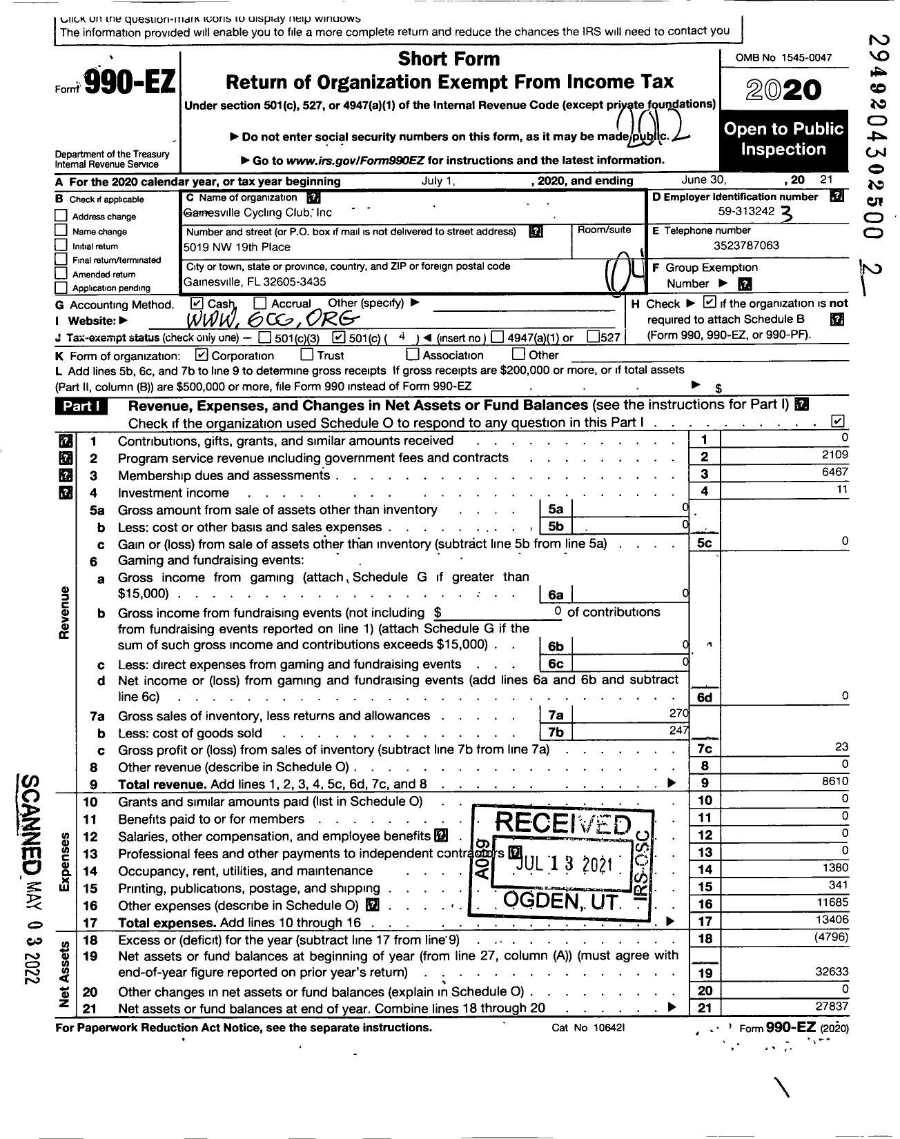 Image of first page of 2020 Form 990EO for Gainesville Cycling Club