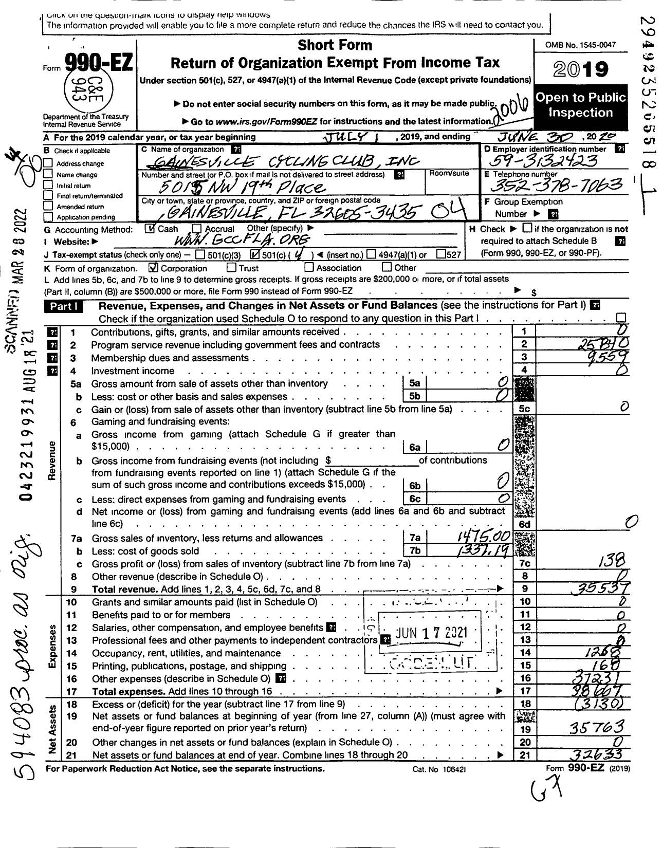 Image of first page of 2019 Form 990EO for Gainesville Cycling Club