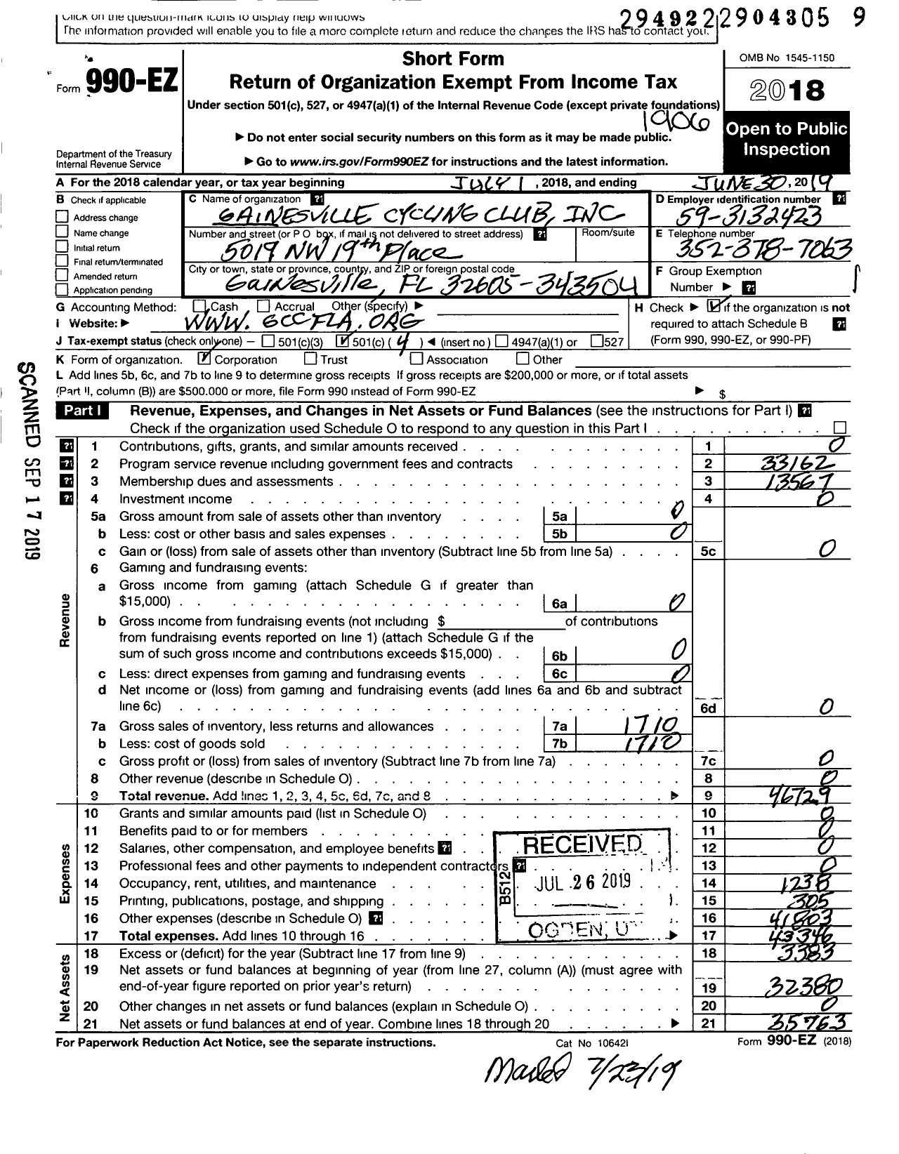 Image of first page of 2018 Form 990EO for Gainesville Cycling Club