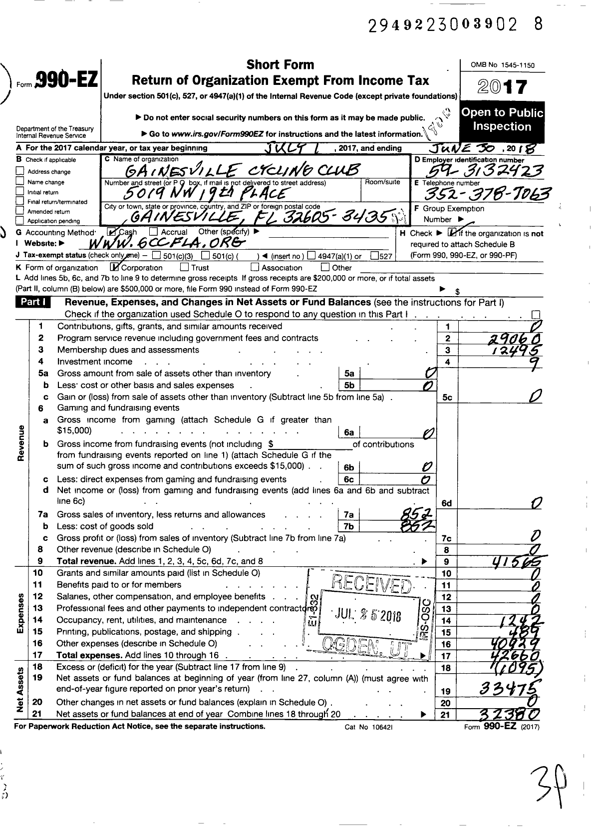 Image of first page of 2017 Form 990EO for Gainesville Cycling Club