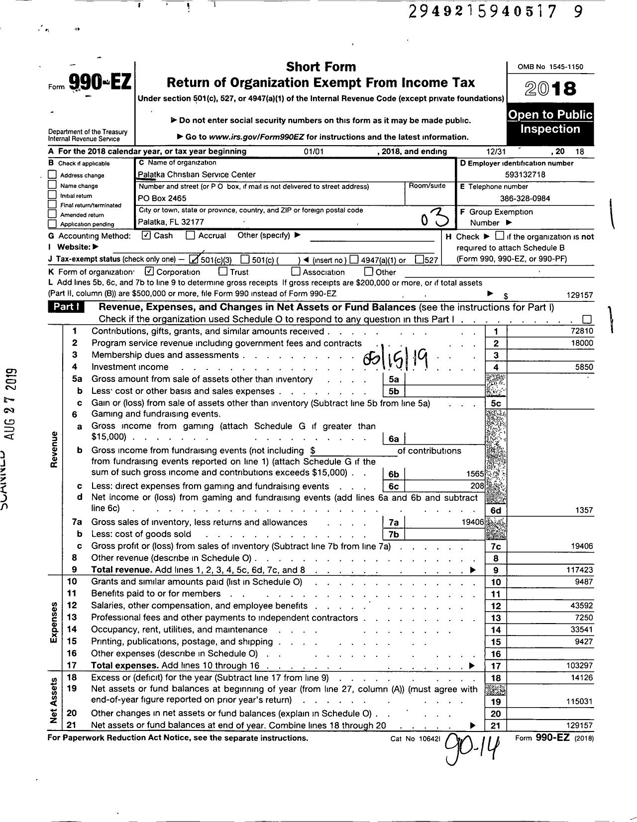 Image of first page of 2018 Form 990EZ for Palatka Christian Service Center