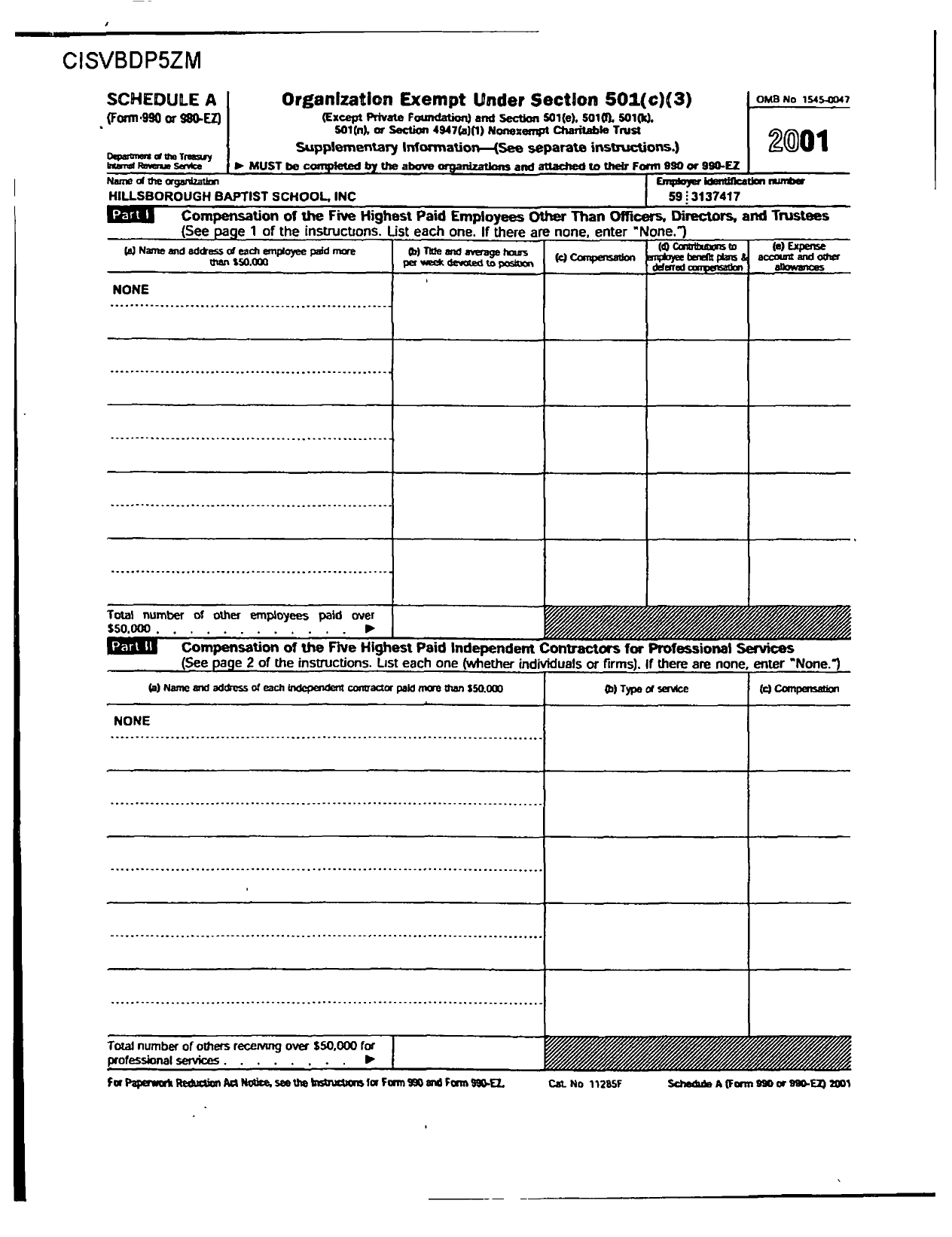 Image of first page of 2001 Form 990R for Hillsborough Baptist School