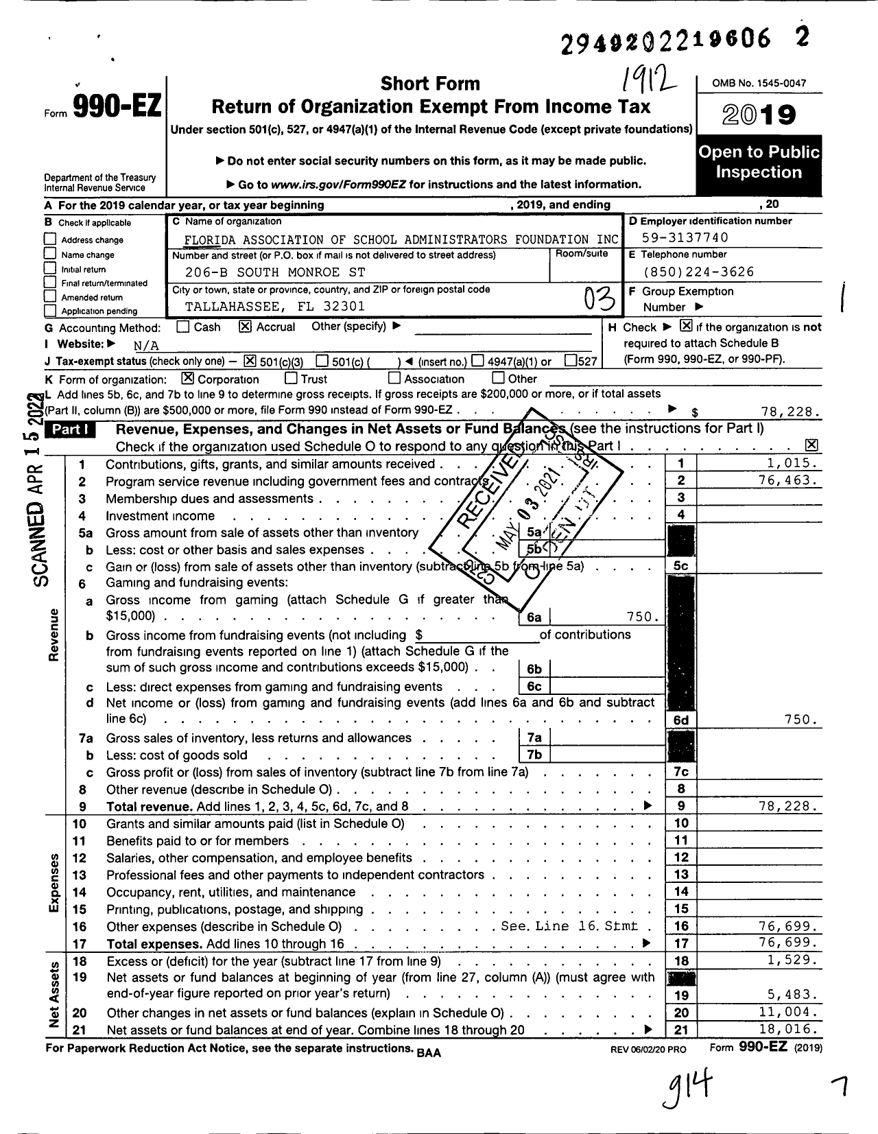 Image of first page of 2019 Form 990EZ for Florida Association of School Administrators Foundation