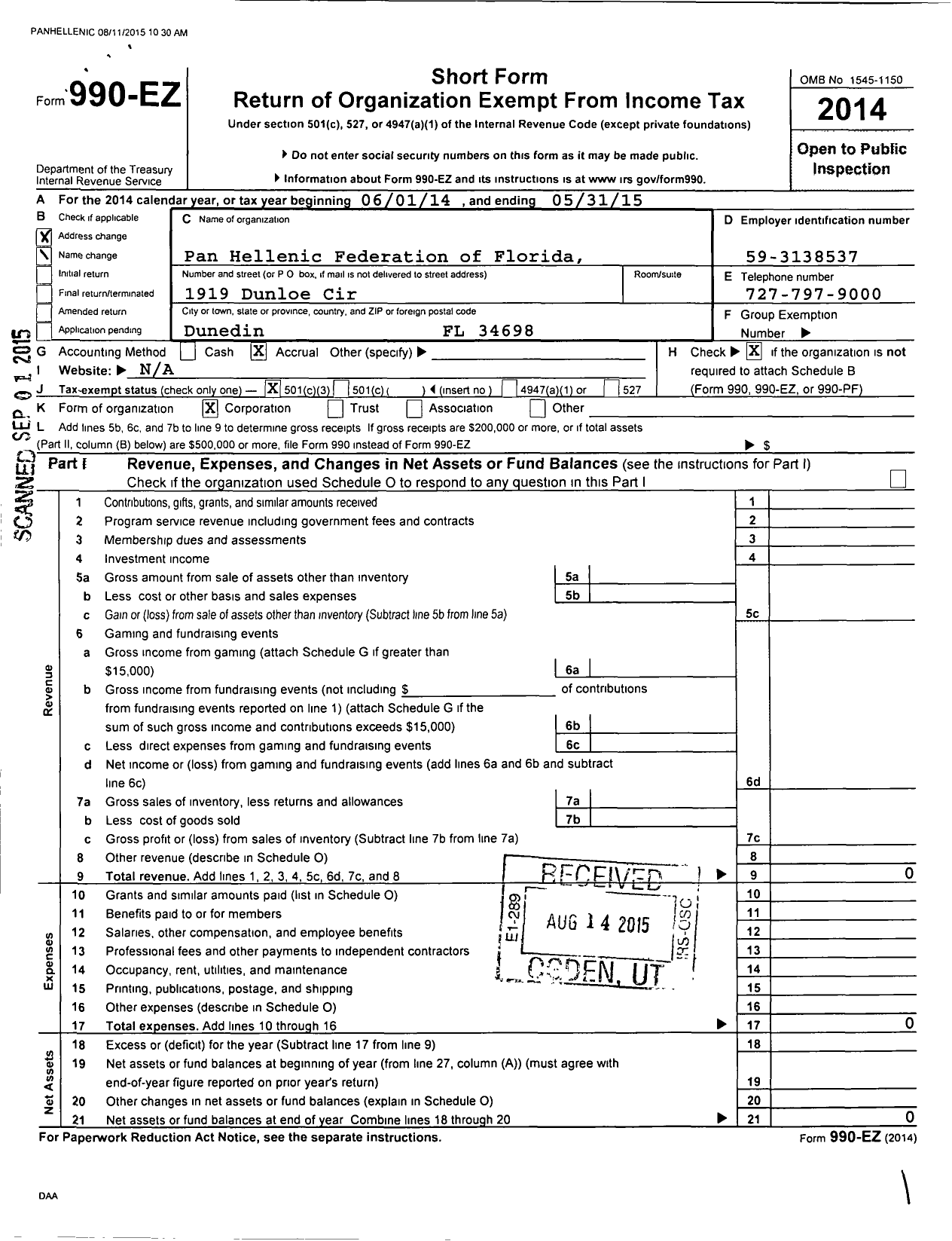 Image of first page of 2014 Form 990EZ for Pan Hellenic Federation of Florida