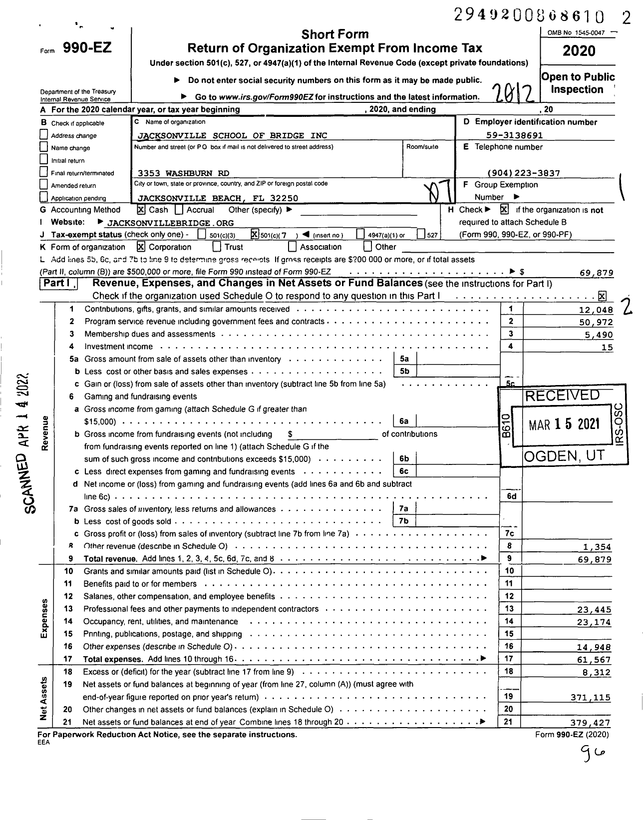 Image of first page of 2020 Form 990EO for Jacksonville School of Bridge