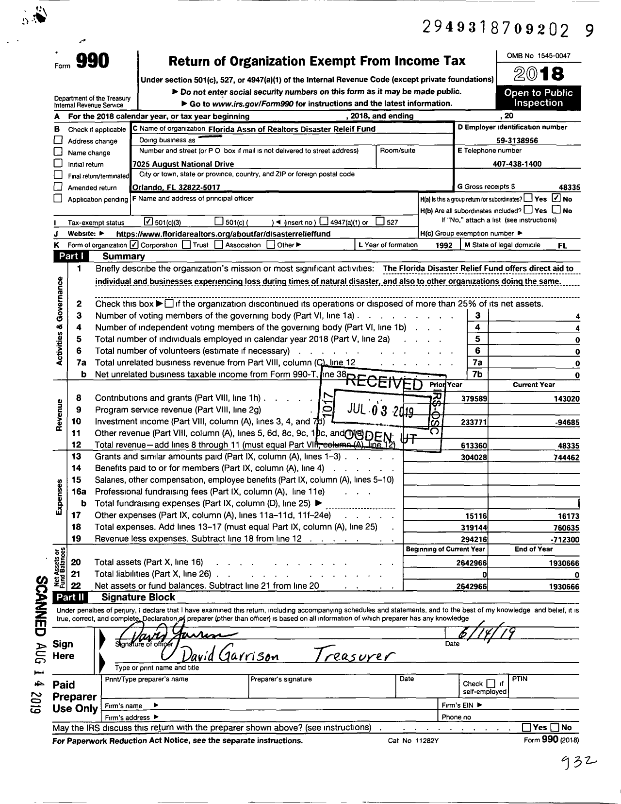 Image of first page of 2018 Form 990 for Florida Association of Realtors Disaster Relief Fund