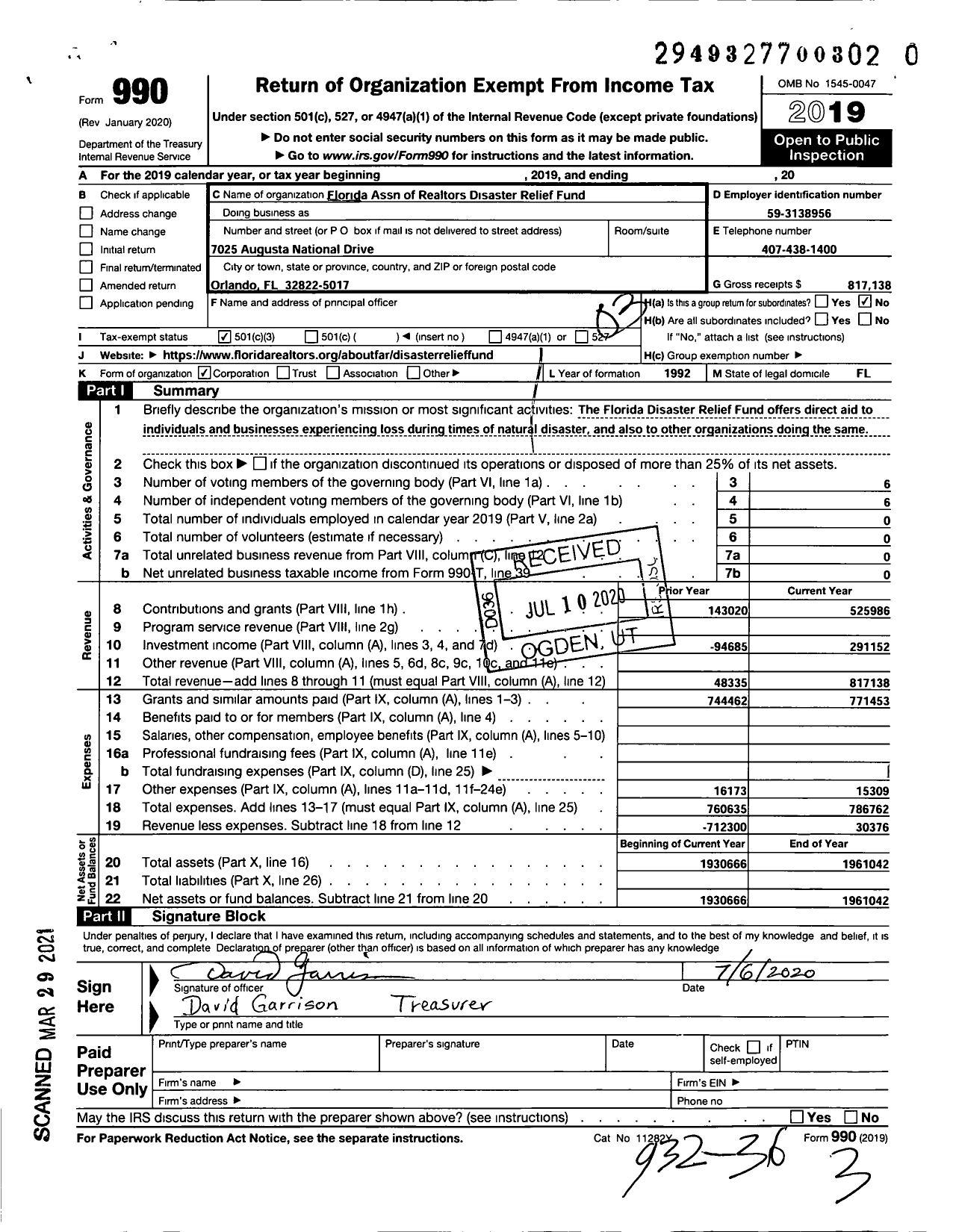 Image of first page of 2019 Form 990 for Florida Association of Realtors Disaster Relief Fund